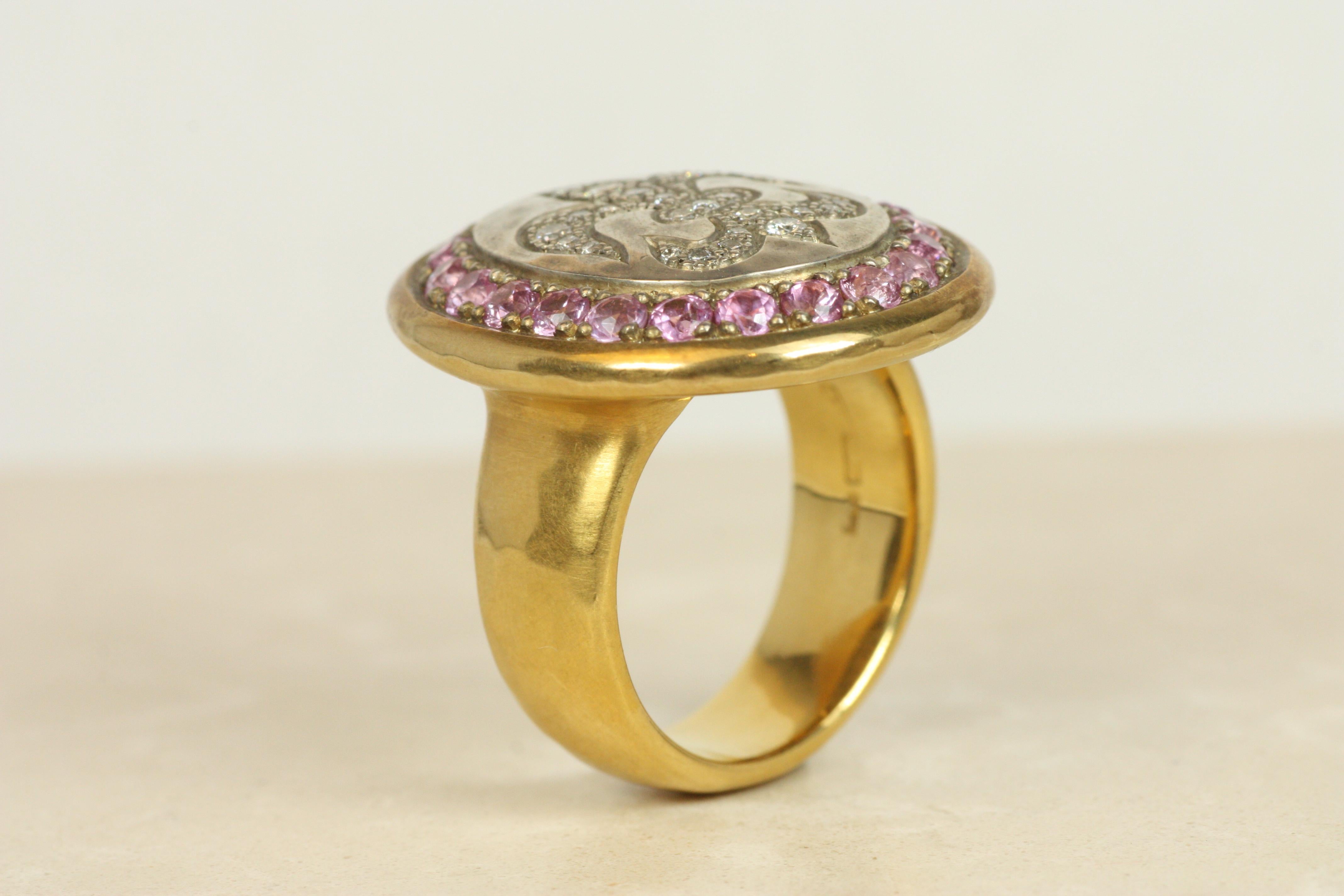 Round Cut Fleur-De-Lis Ring – Diamonds & Pink Sapphires in 22K Gold & Silver For Sale