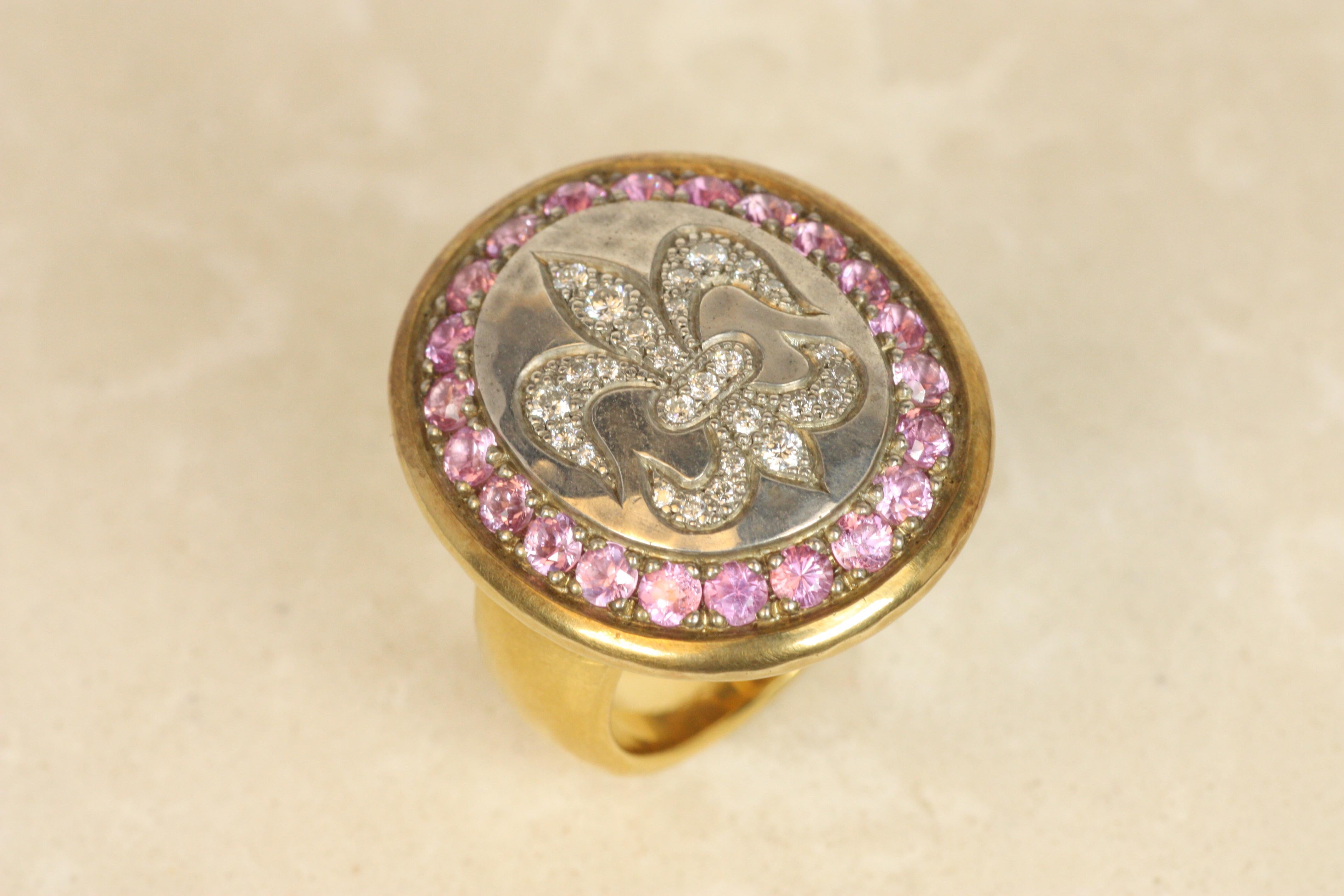 Women's or Men's Fleur-De-Lis Ring – Diamonds & Pink Sapphires in 22K Gold & Silver For Sale