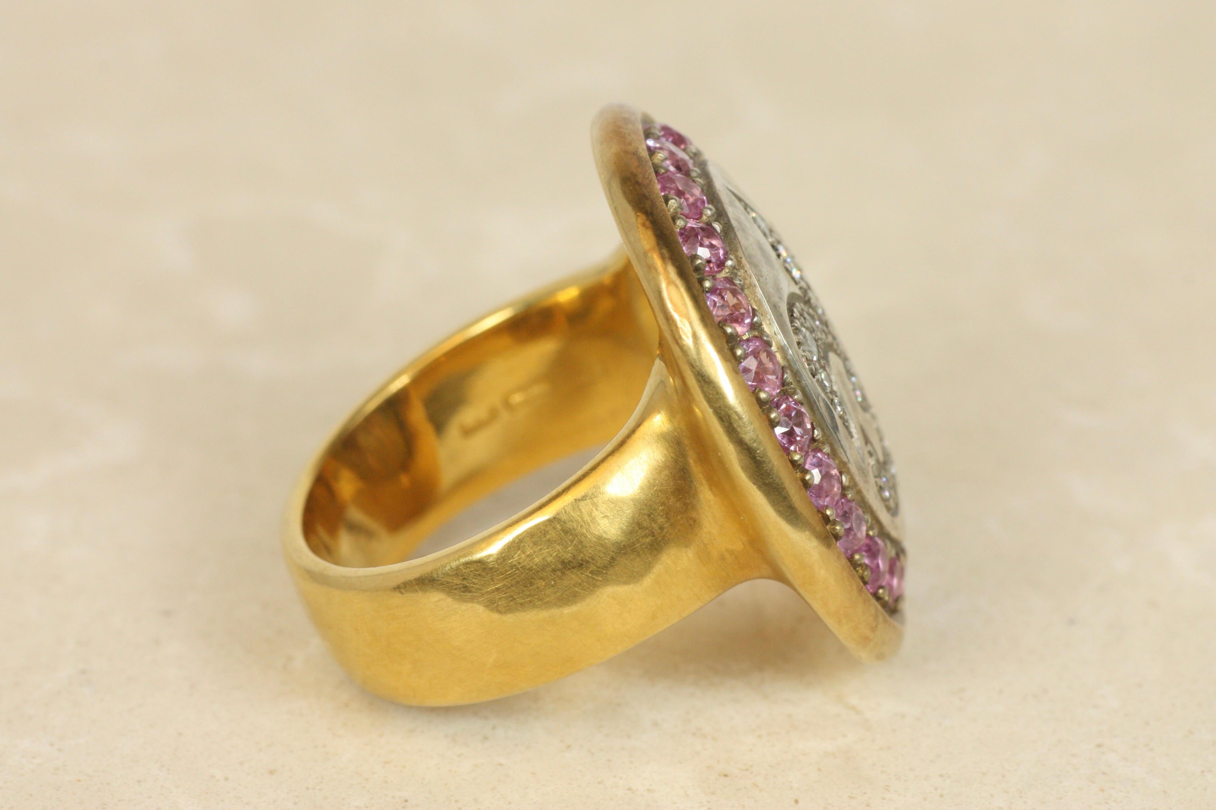 Fleur-De-Lis Ring – Diamonds & Pink Sapphires in 22K Gold & Silver For Sale 1
