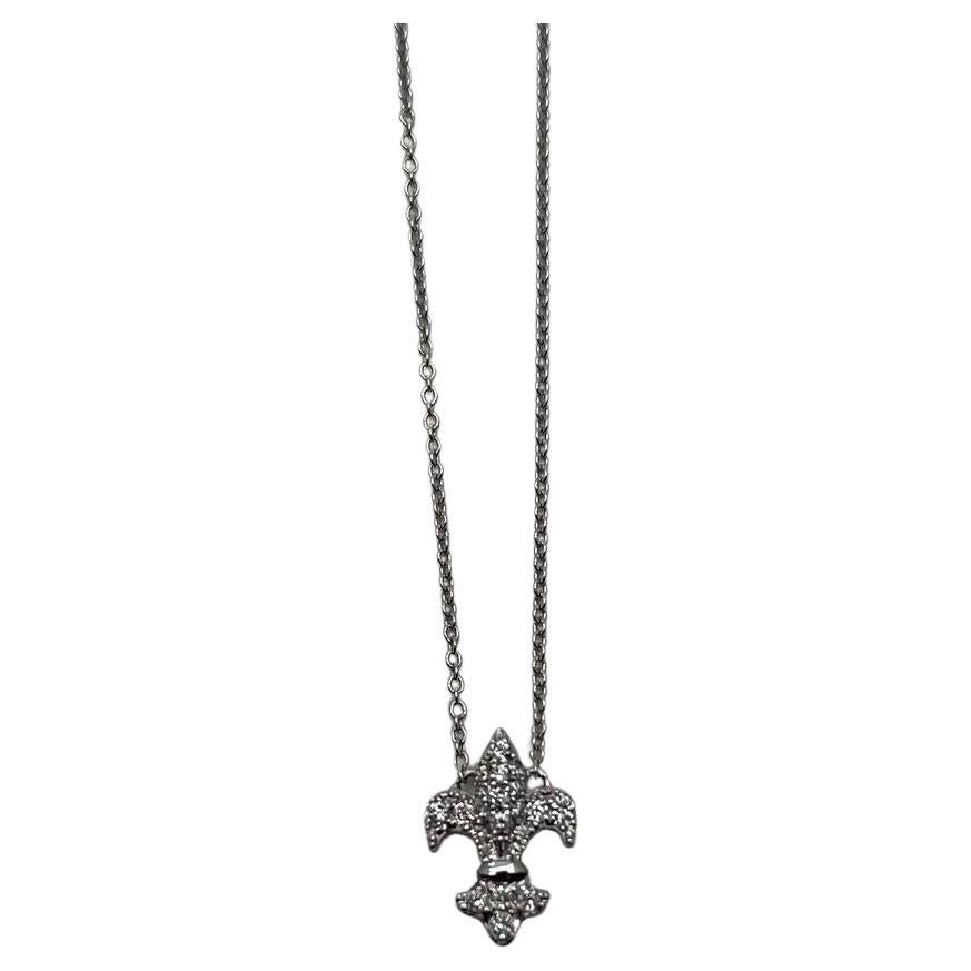 Fleur-de-lis Symbol Lily Floral Flower Diamond Motif White Gold Pendant Necklace