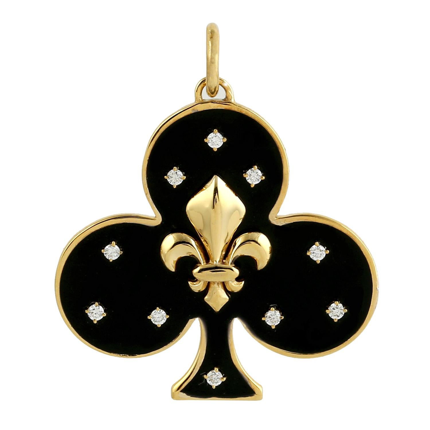 Taglio misto Ciondolo con simbolo Fleur De Lis, diamanti e smalto nero in oro bianco 14 carati in vendita