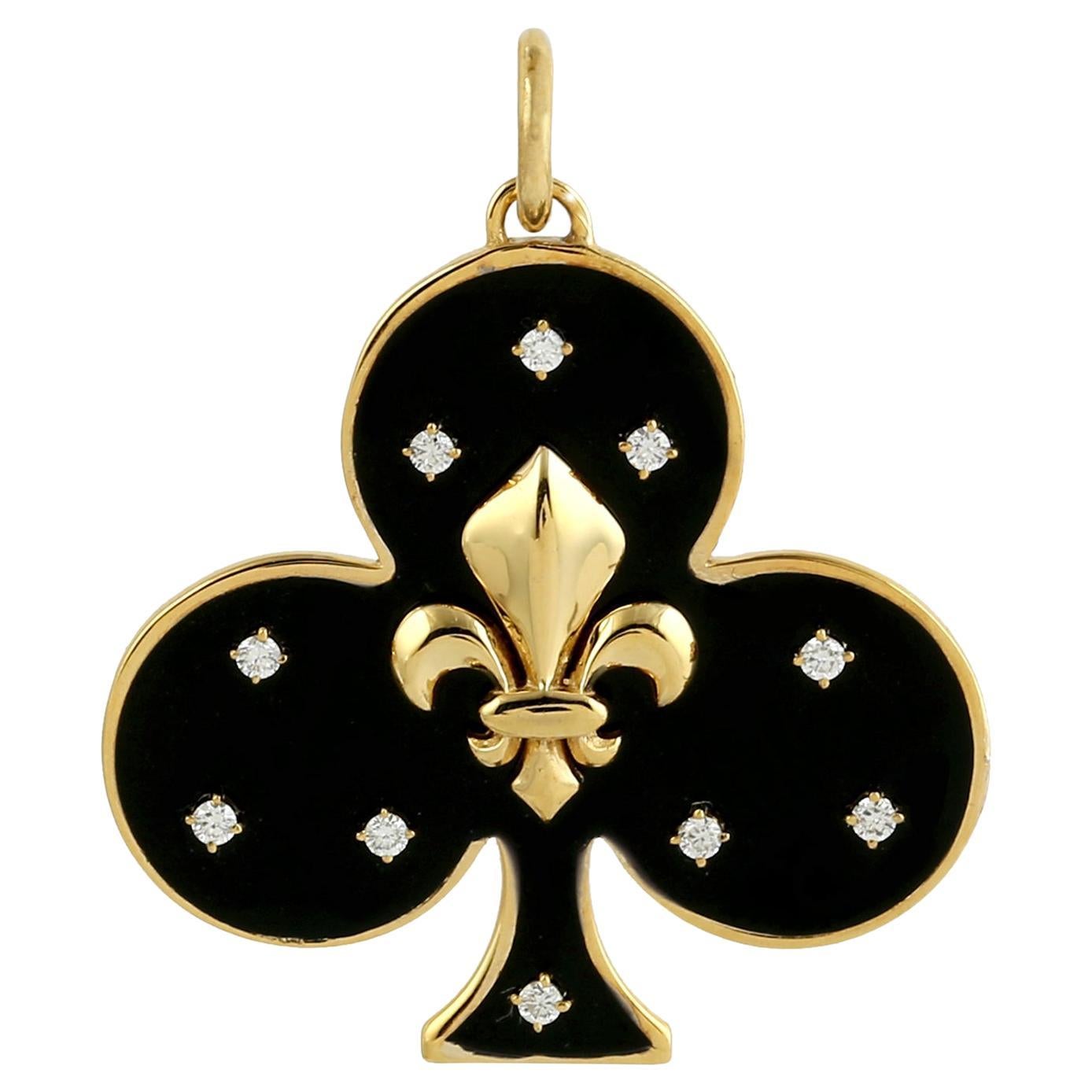 Fleur De Lis Symbol Pendant With Diamonds & Black Enamel Made In 14K White Gold