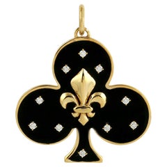 Pendentif en or blanc 14K avec symbole Fleur De Lis, diamants et émail noir