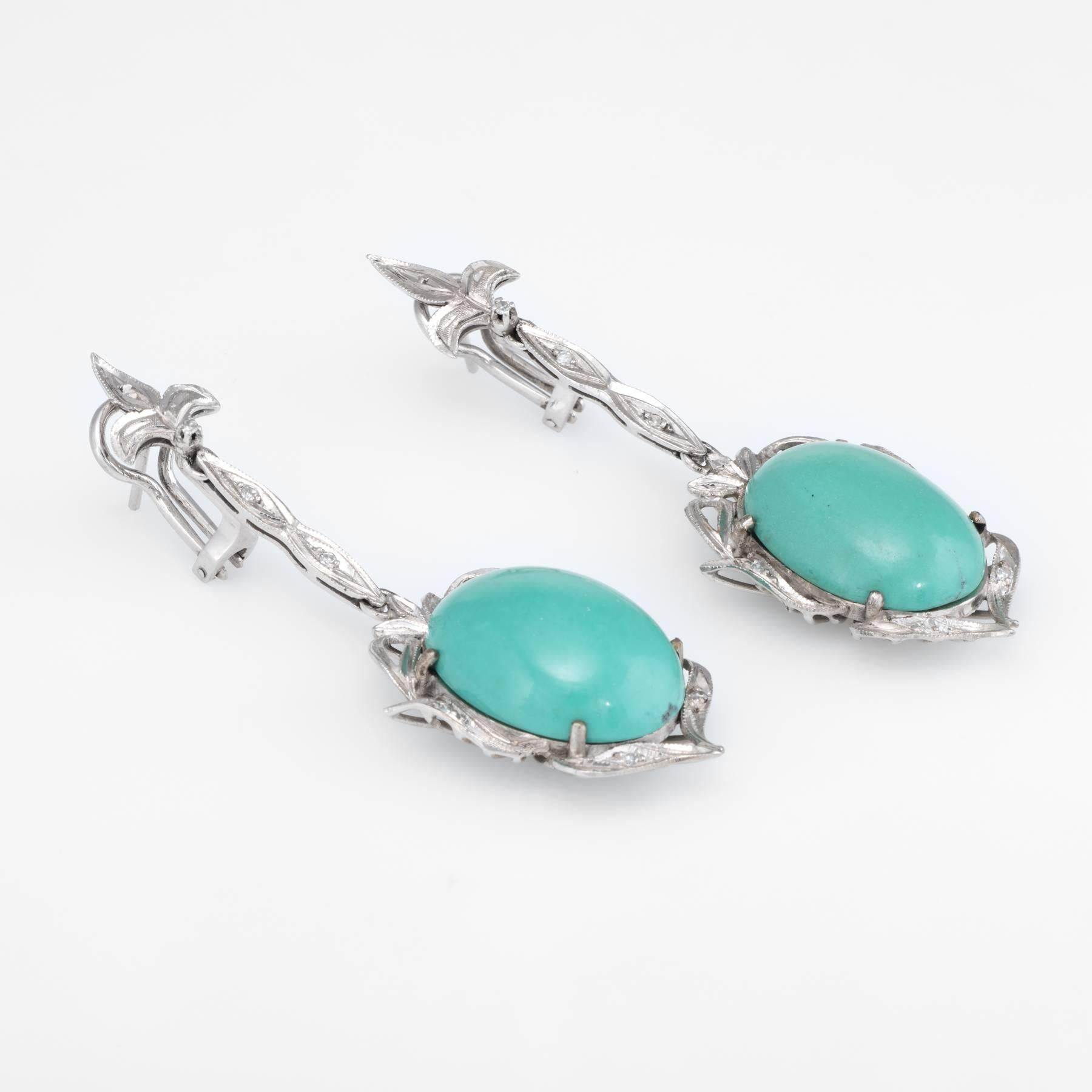 Overview:

Finely detailed pair of vintage turquoise & diamond earrings (circa 1950s to 1960s), crafted in 14k white gold. 

Two oval cabochon cut pieces of turquoise measure 21mm x 15mm (estimated at 21 carats each - 42 carats total estimated