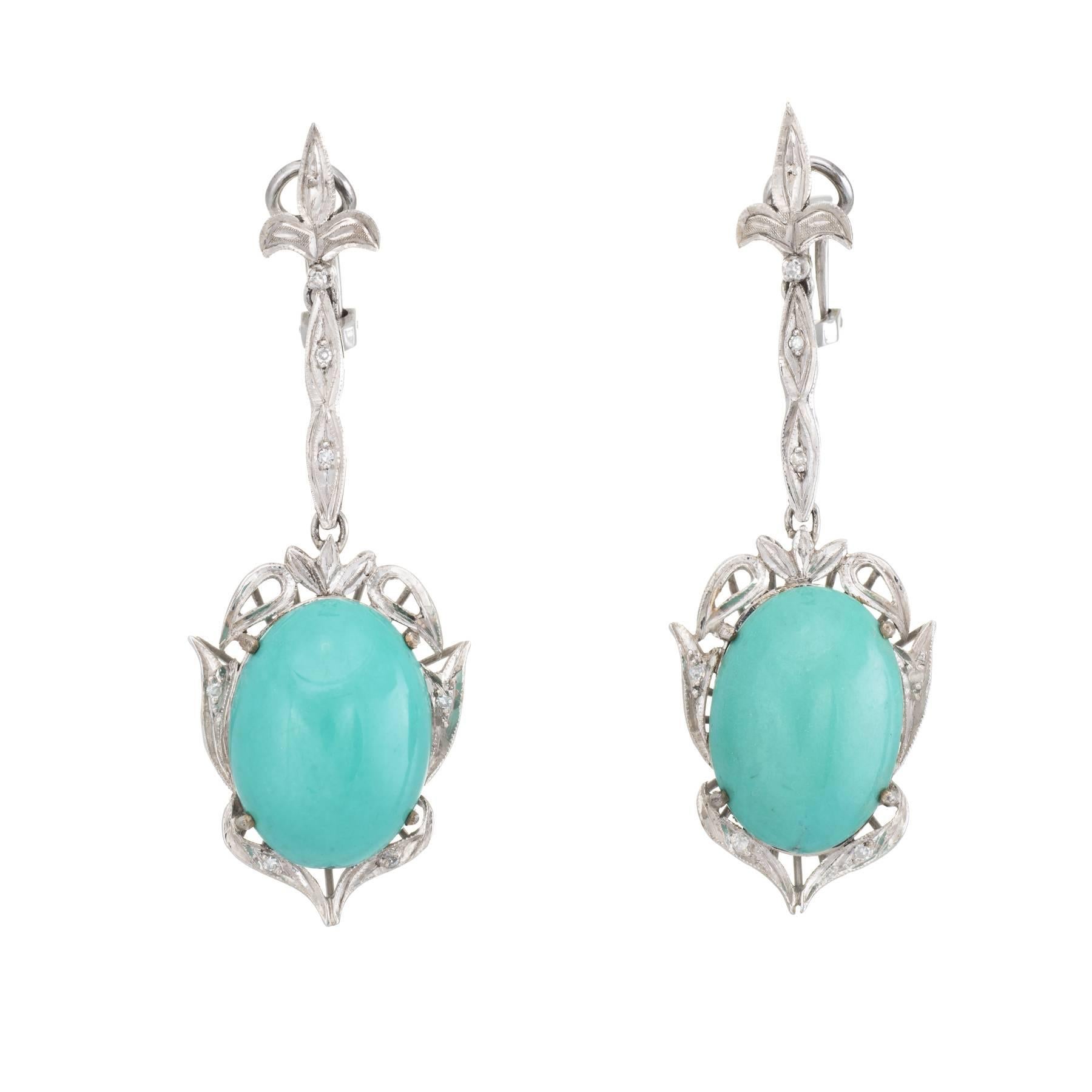 Fleur-de-Lis Turquoise Diamond Dangle Earrings Vintage 14 Karat White Gold