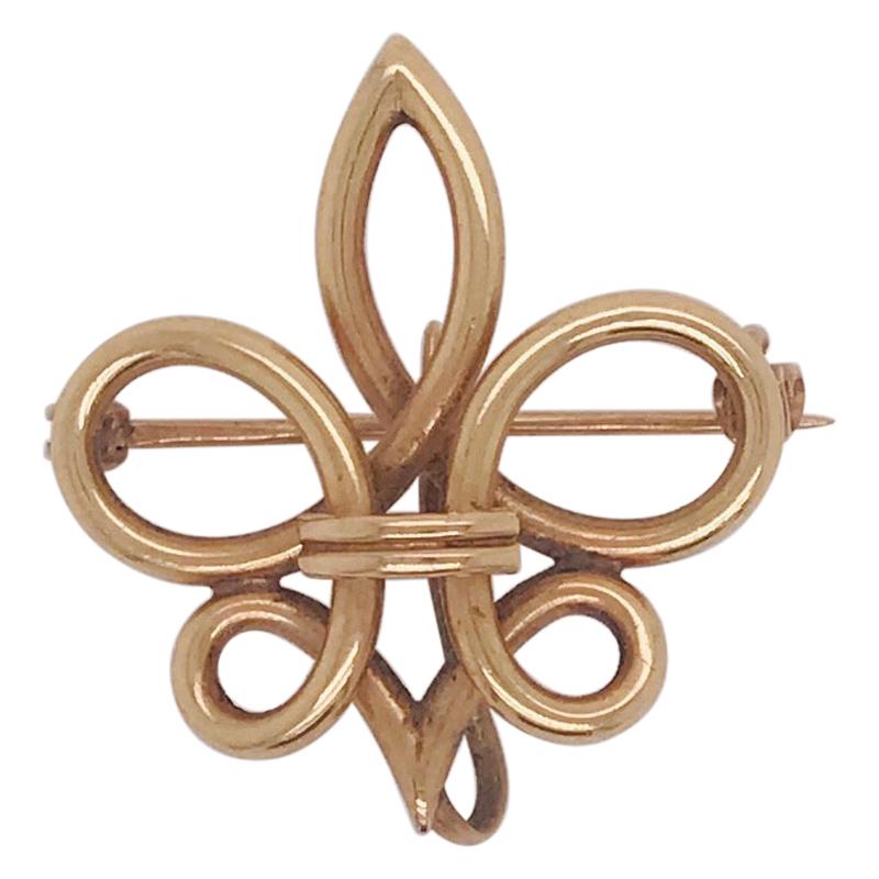 Fleur-de-Lis Yellow Gold Brooch French Flower Lilly, 14 Karat Gold, circa 1930