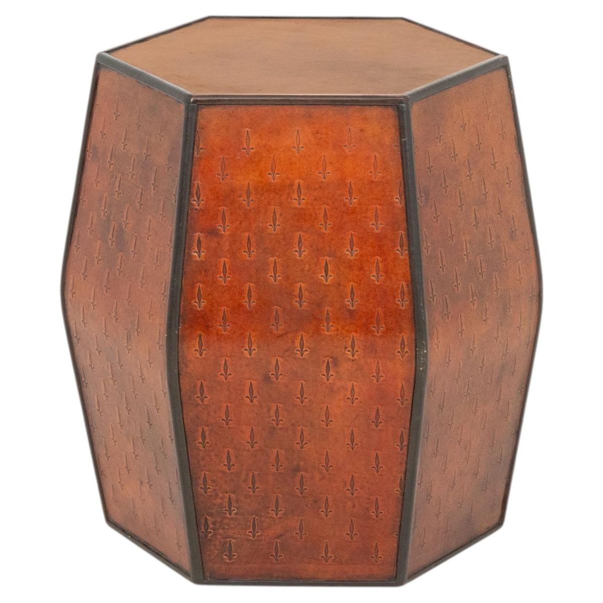 Fleur-de-Lys Embossed Leather Hexagonal Drum Stool For Sale