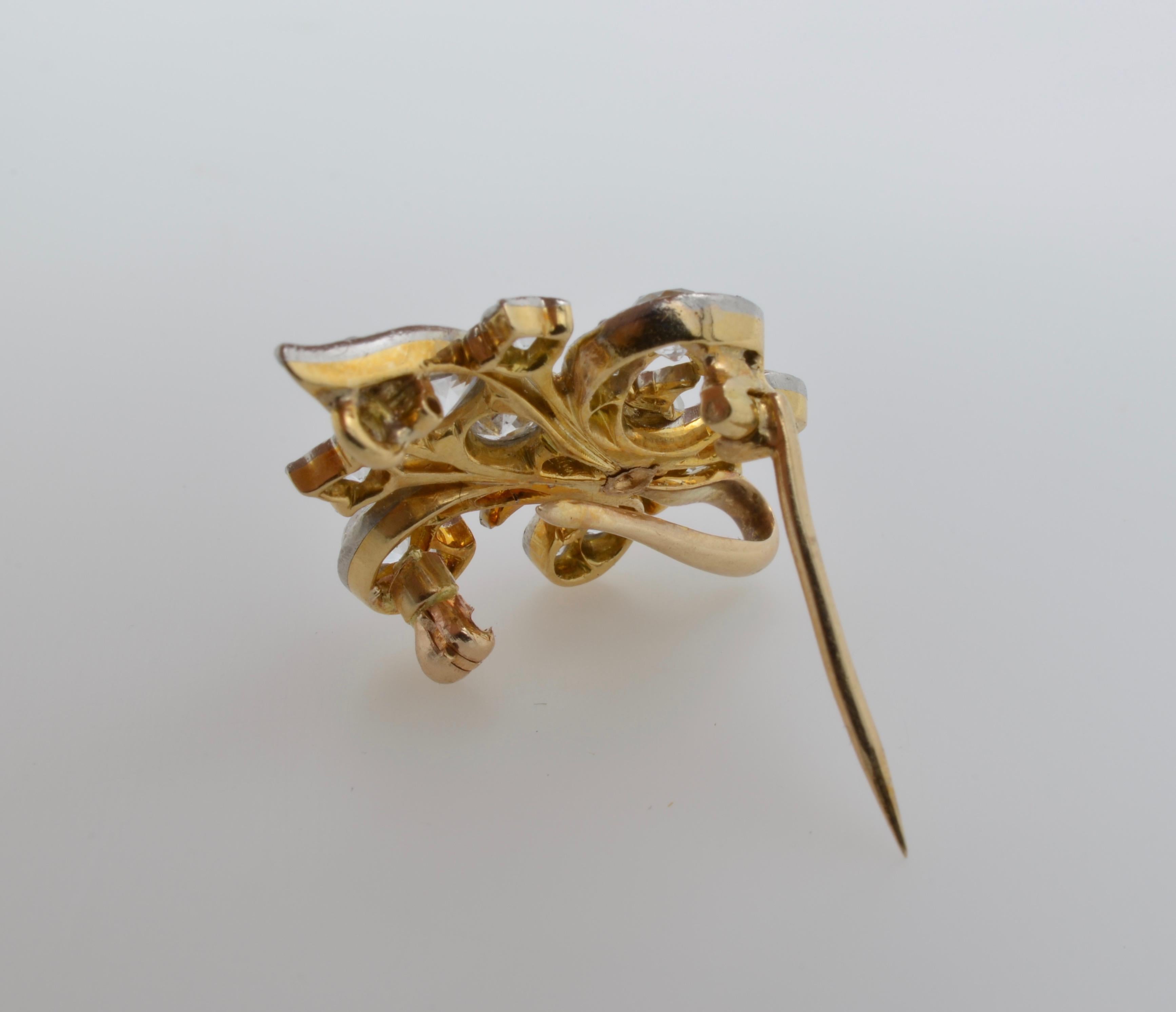 Women's or Men's Fleur de Lys Old Mine Cut Diamond Gold Brooch From Fraser