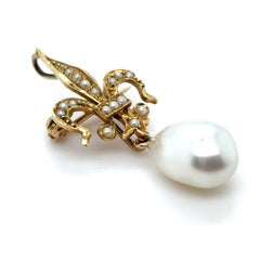 Fleur-de-lys Pearl Pendant Brooch 14 Karat Yellow Gold