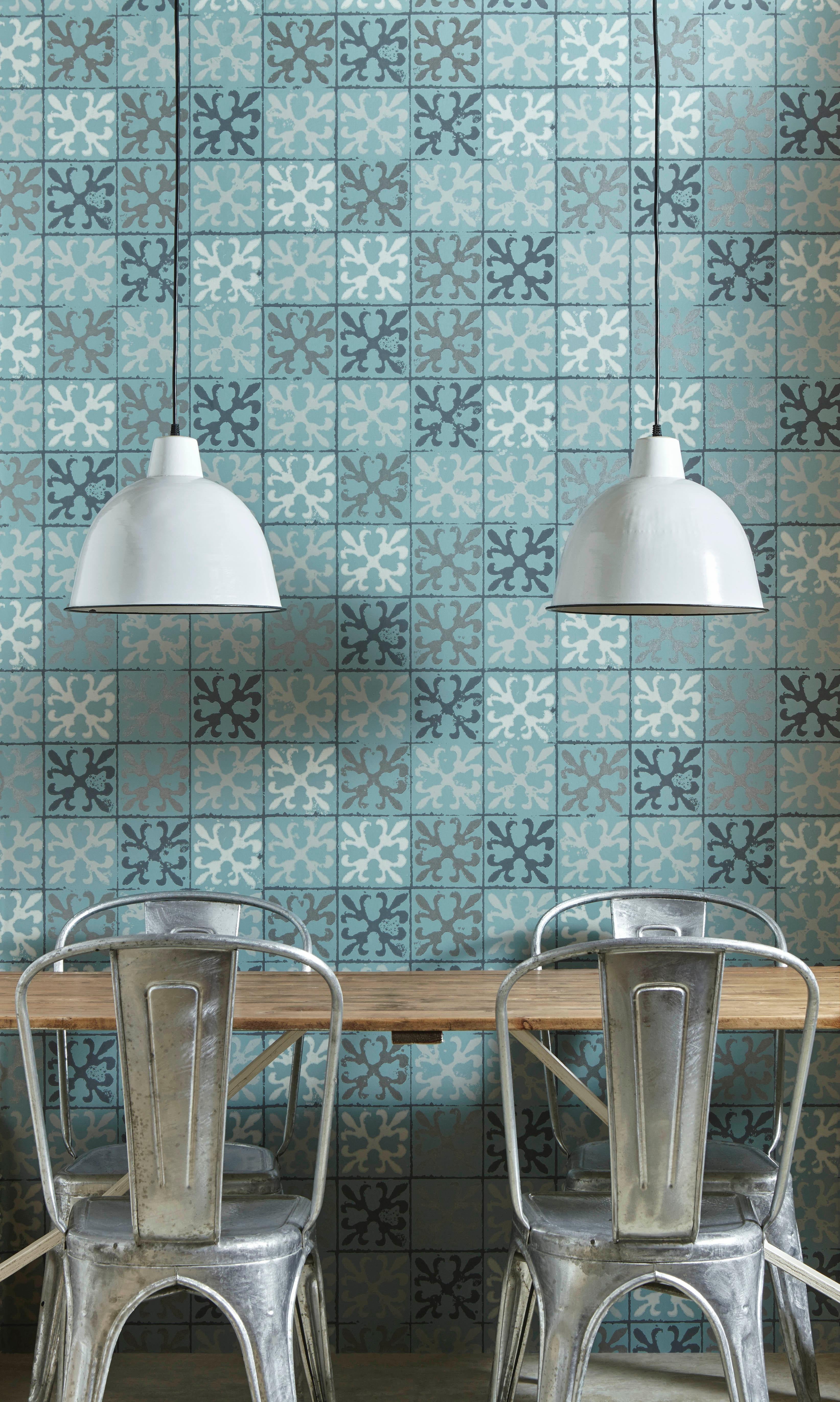 Colour: Canteen blue (also available in vintage grey)
Trim width: 52cm/20.5 inches
Roll length: 10m
Pattern repeat: Half drop
Match length: 52cm / 20.5 inches.

Please get in contact to order a sample.

A trompe l’oeil tile print with a bistro feel,