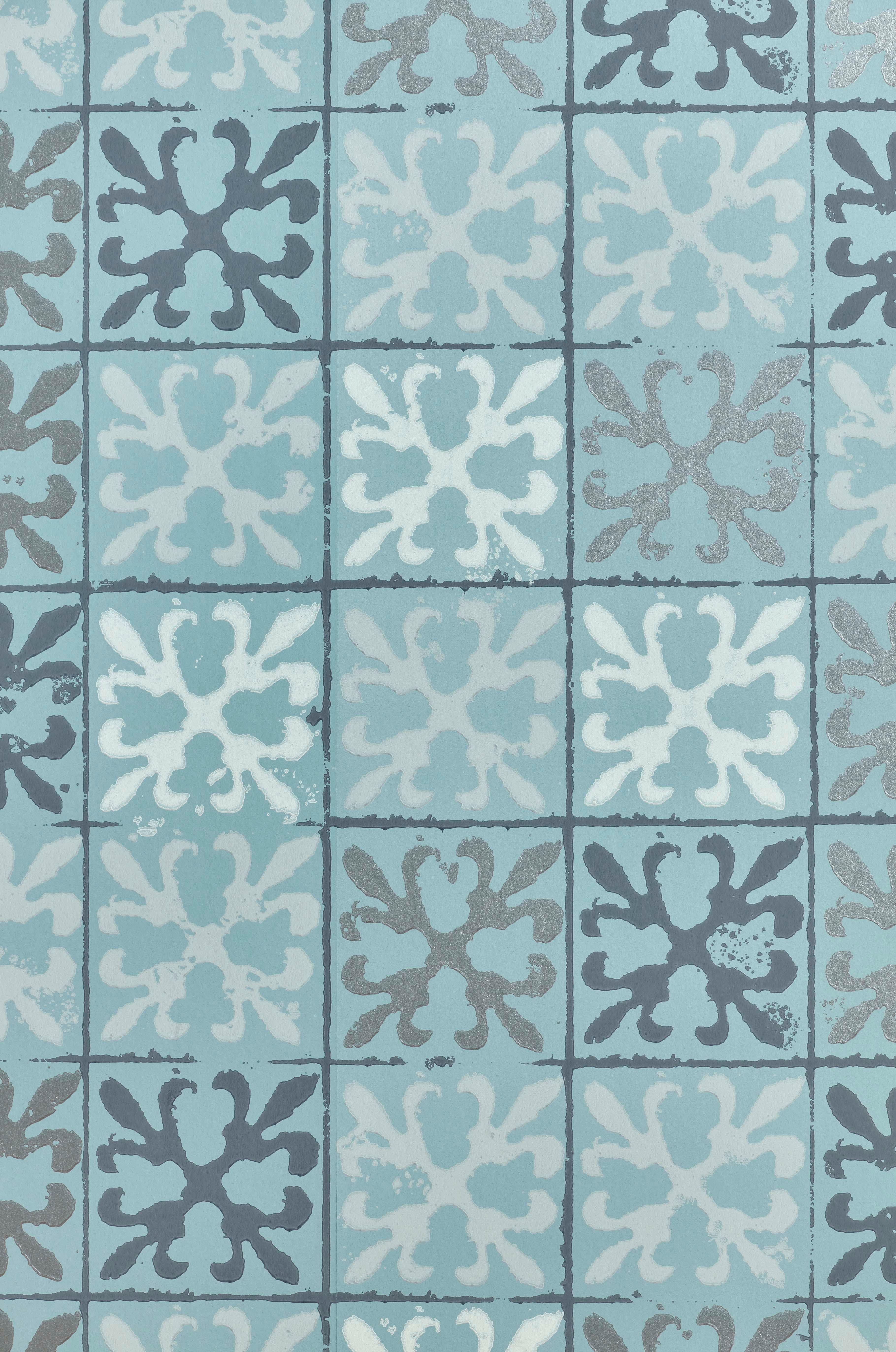 Paper 'Fleur-de-Lys Tile' Contemporary, Traditional Wallpaper in Canteen Blue For Sale