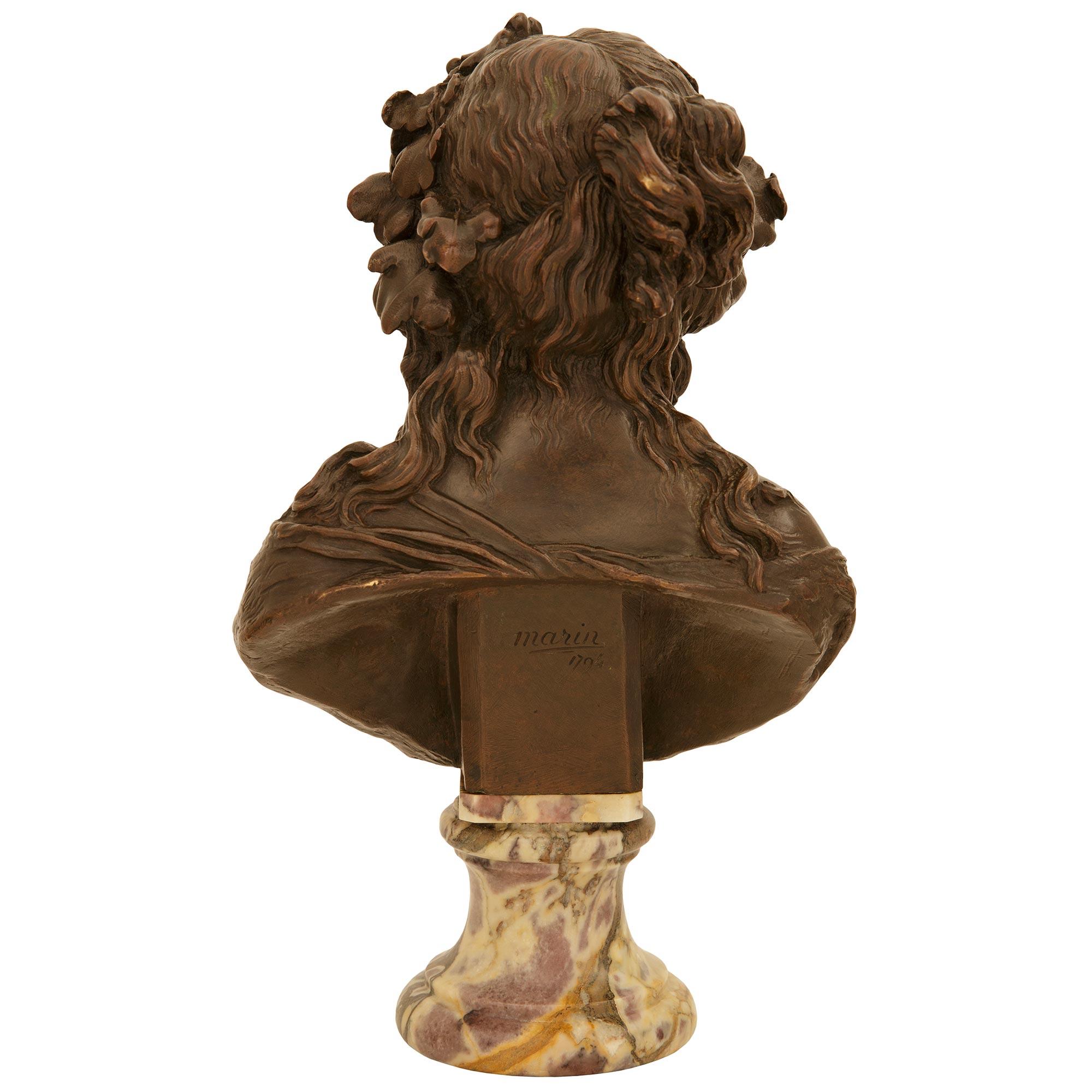 Fleur de Pêcher marble bust of a young Baccante, signed Marin, 1794 For Sale 4