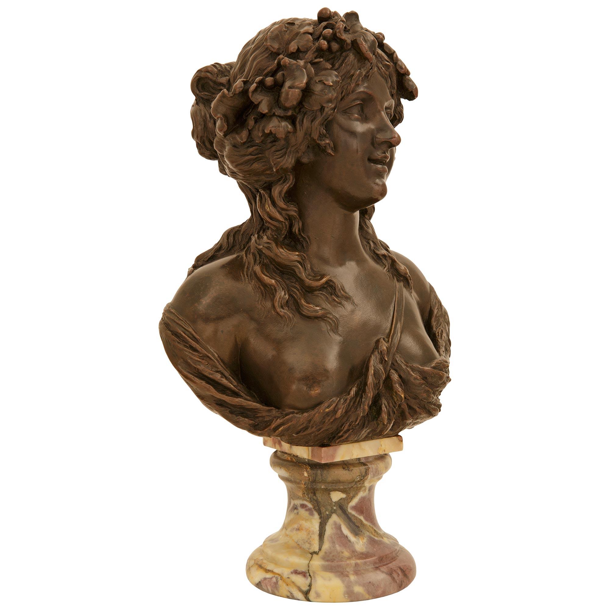 French Fleur de Pêcher marble bust of a young Baccante, signed Marin, 1794 For Sale