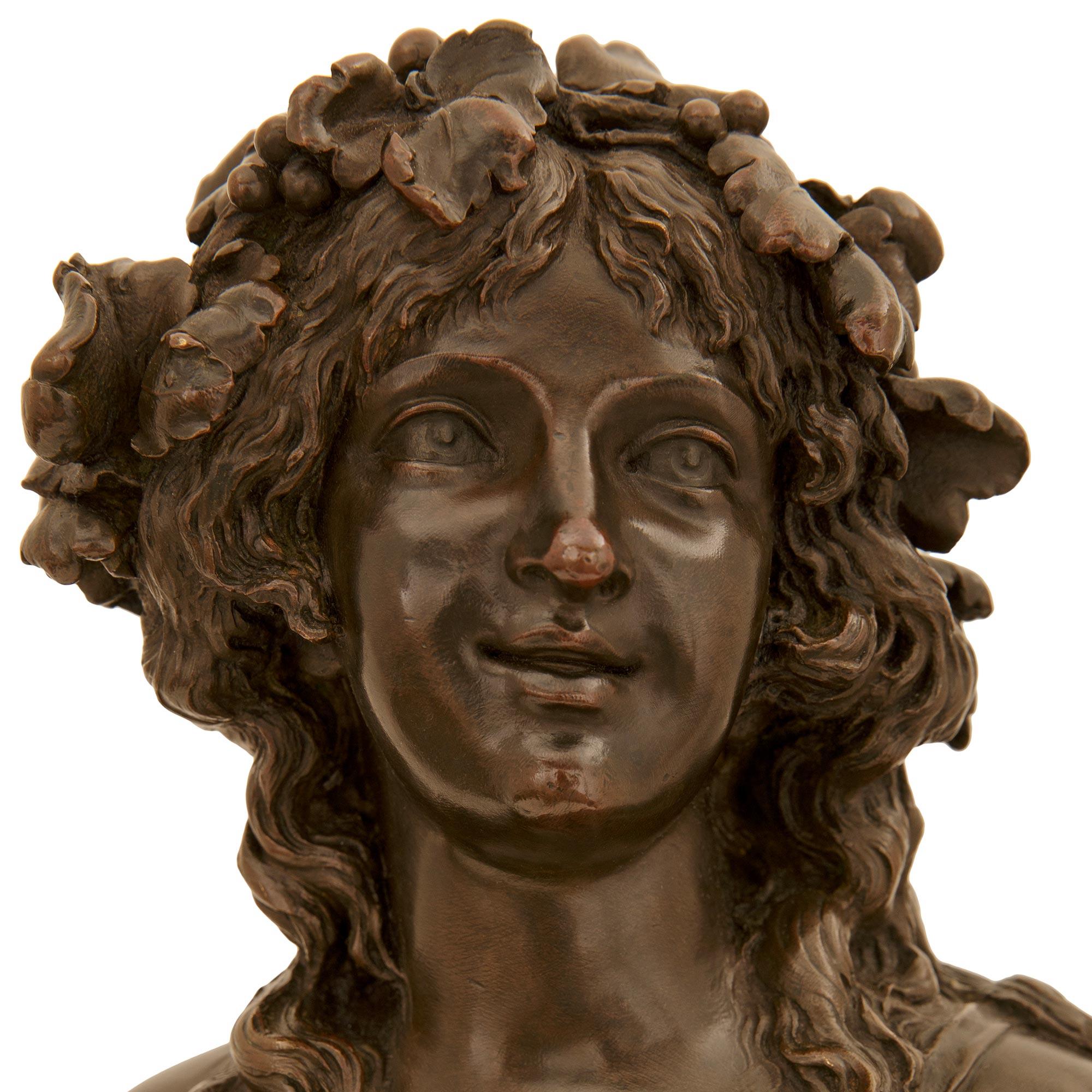 19th Century Fleur de Pêcher marble bust of a young Baccante, signed Marin, 1794 For Sale