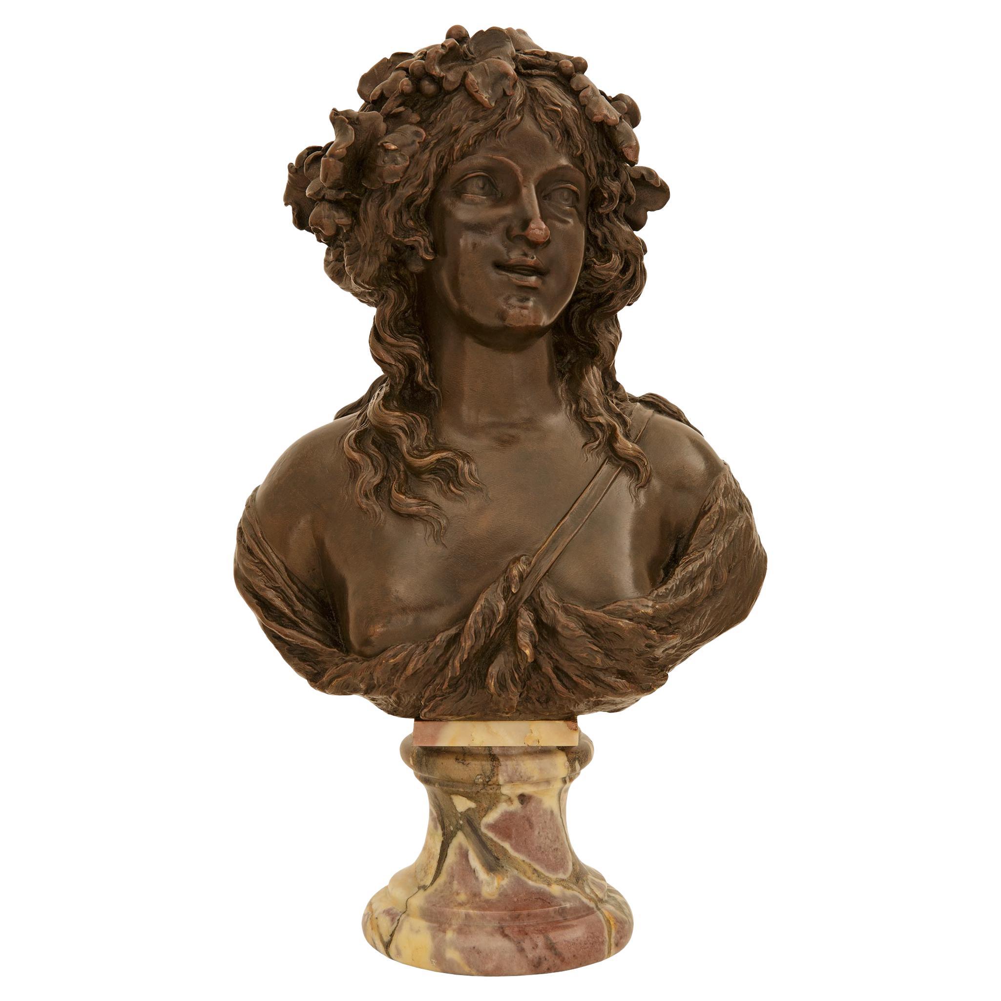 Fleur de Pêcher marble bust of a young Baccante, signed Marin, 1794 For Sale