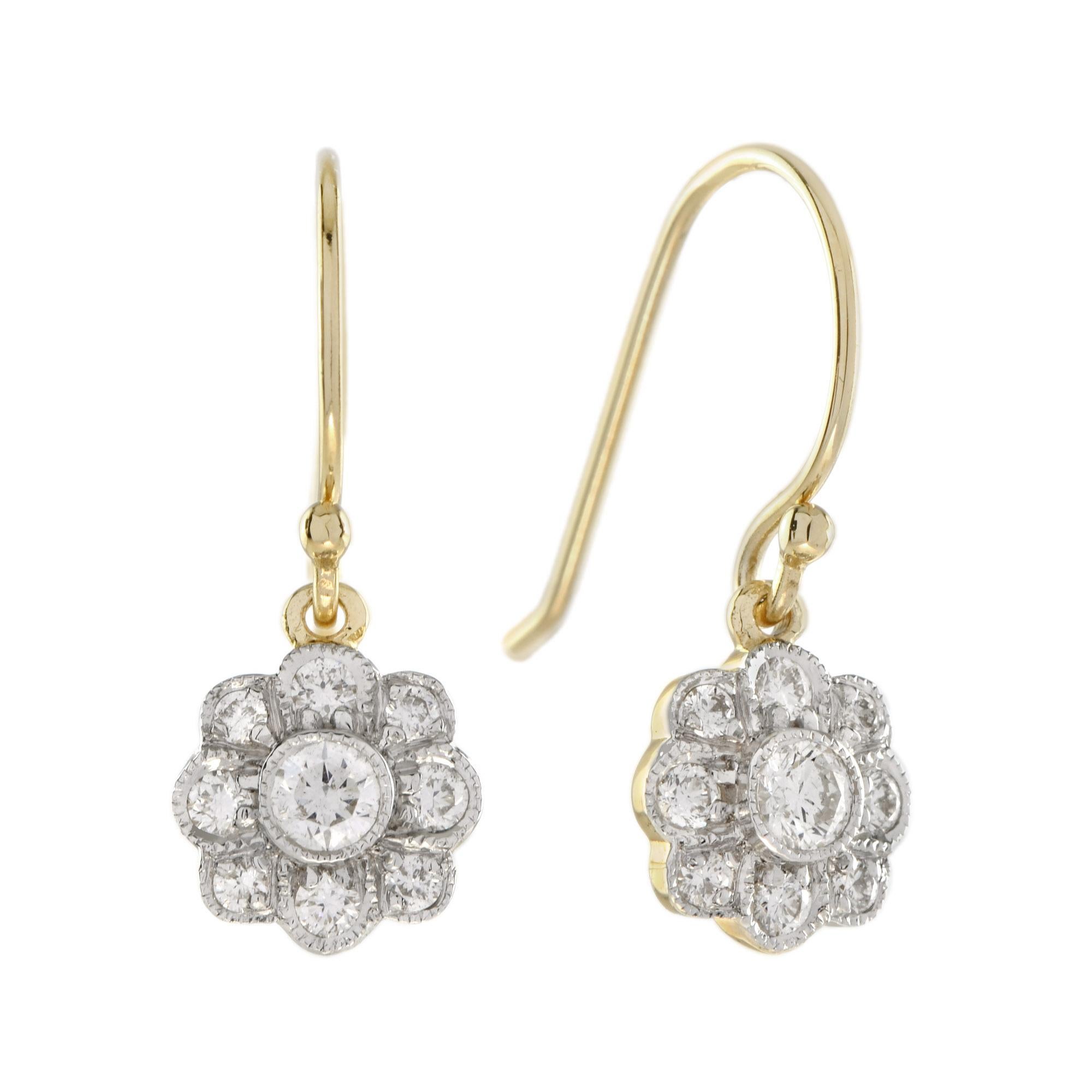 A stunning and beautiful design of the iconic Art Deco flower drop earrings, featuring round cut and striking diamonds beautifully set into 14k yellow gold with white rhodium plating on top.

Information
Metal: 14K White Gold
Width: 21 mm.
Length: 8