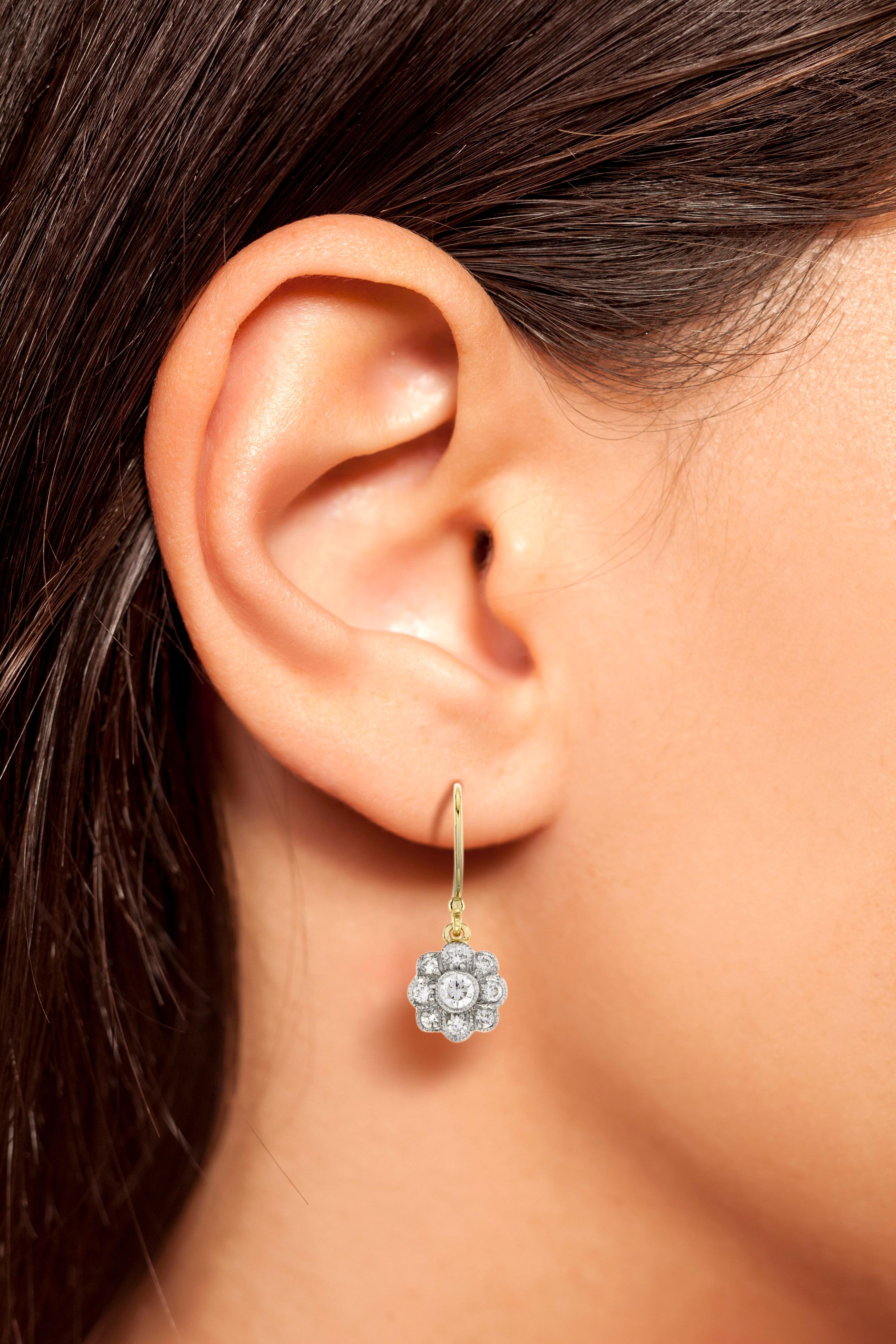 Women's Diamond Cluster Drop Earrings in 14K White Top Yellow Edge