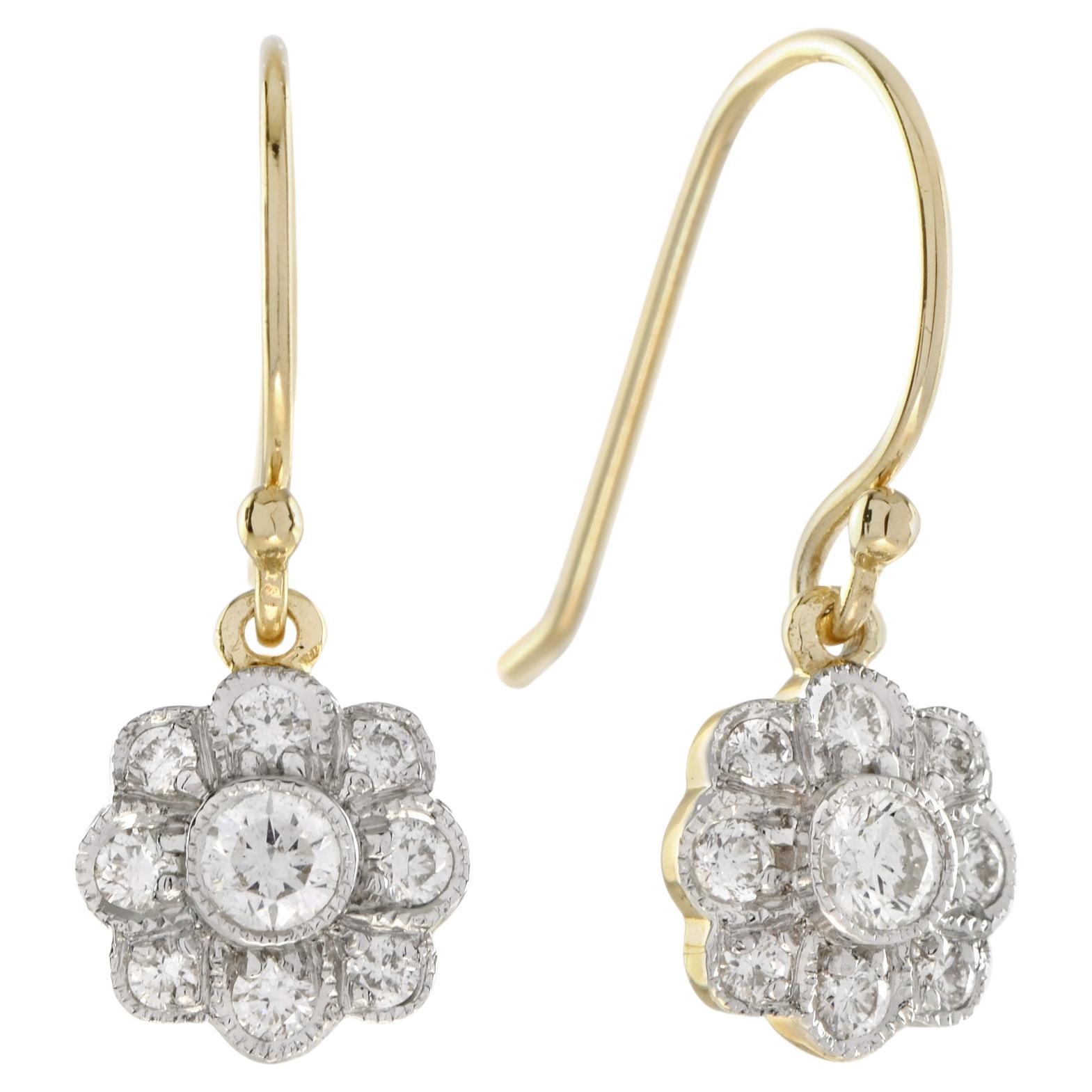 Diamond Cluster Drop Earrings in 14K White Top Yellow Edge