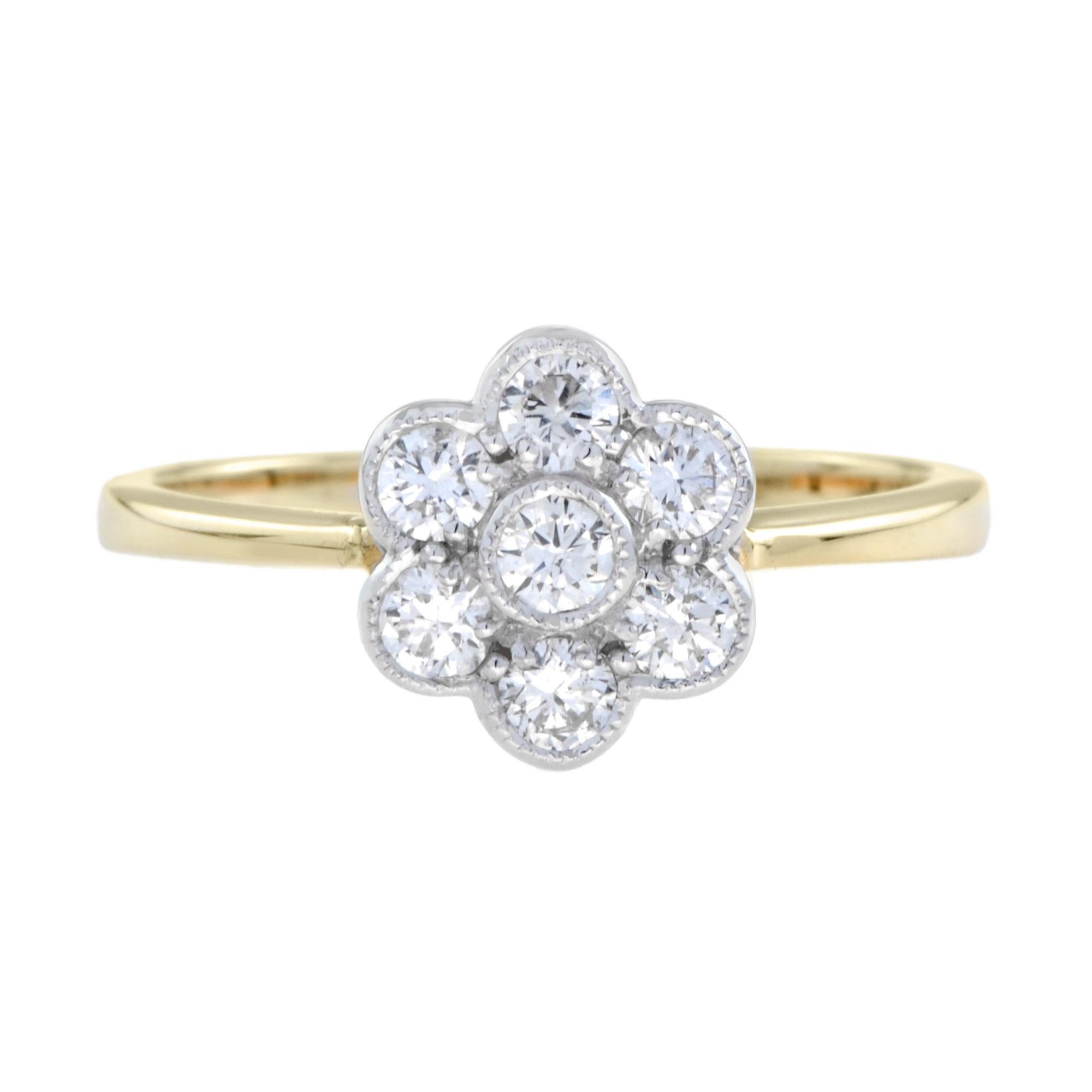 A stunning and beautiful design of the iconic Art Deco flower ring and earrings set, featuring round cut and striking diamonds beautifully set into white top yellow edge.

Ring Information
Style: Art Deco
Metal: 14K White Top Yellow Gold
Weight: