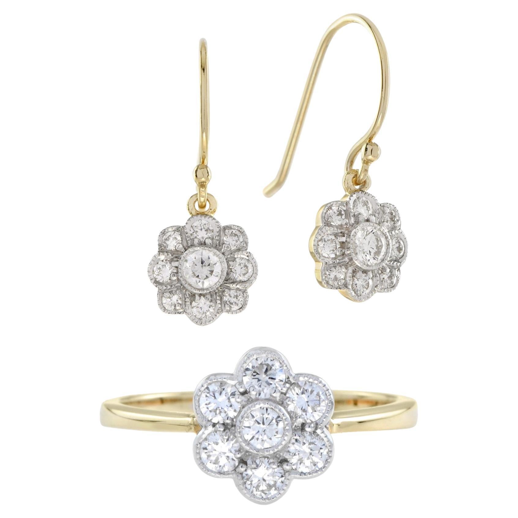 Fleur Diamond Cluster Ring and Earrings Set in White Top Yellow Edge For Sale