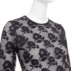 FLEUR DU MAL black lattice floral lace mesh crew neck long sleeve midi dress S