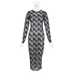 FLEUR DU MAL black lattice floral lace mesh crew neck long sleeve midi dress S