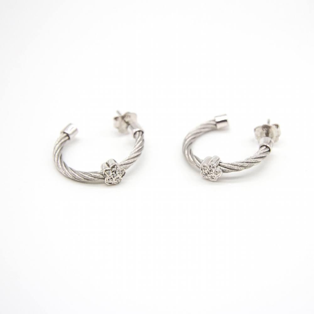 Silver and steel earrings with brilliants : 12x Diamonds in brilliant cut : Silver 925/- and Steel 316L : 5,11 grams : 5,11 grams : Clasp : 2cm diameter and 3mm thickness : Item in perfect state of conservation : Ref. REF. : D363912SO