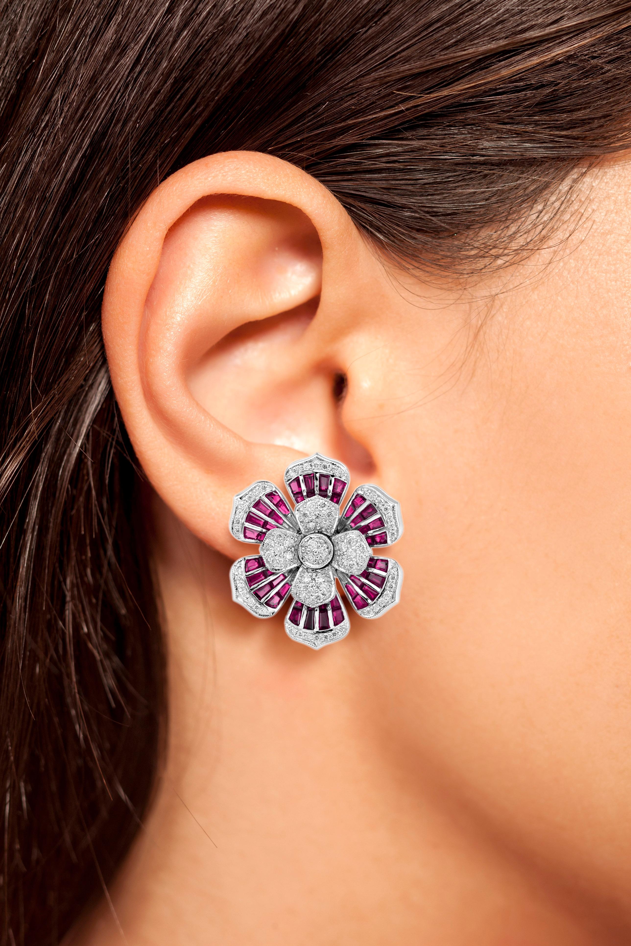 Round Cut Elegant Diamond and Ruby Flower Stud Earrings in 18K White Gold For Sale