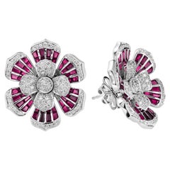 Elegant Diamond and Ruby Flower Stud Earrings in 18K White Gold