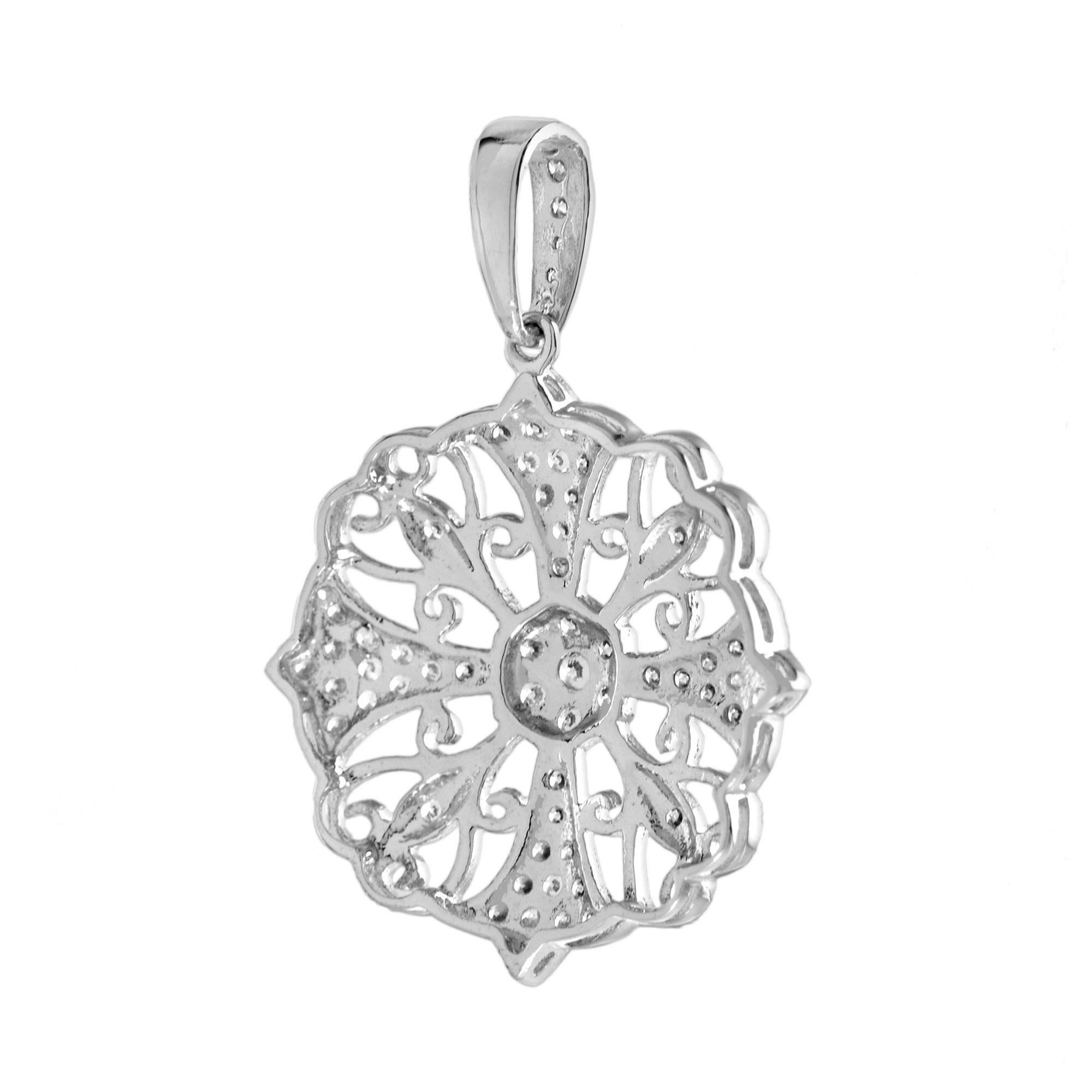 Round Cut Fleur Filigree Diamond Pendant in 14K White Gold For Sale