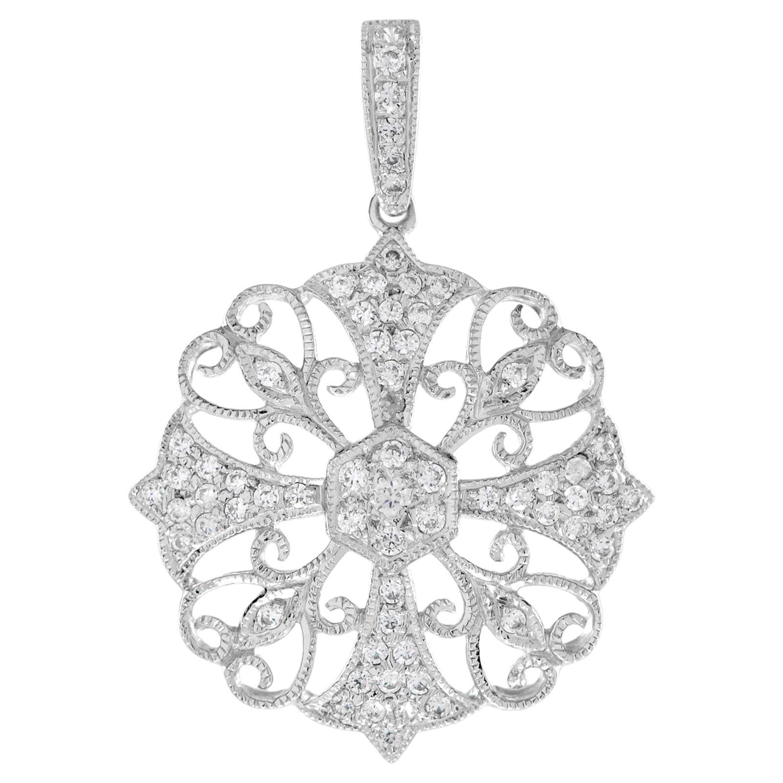 Fleur Filigree Diamond Pendant in 14K White Gold For Sale