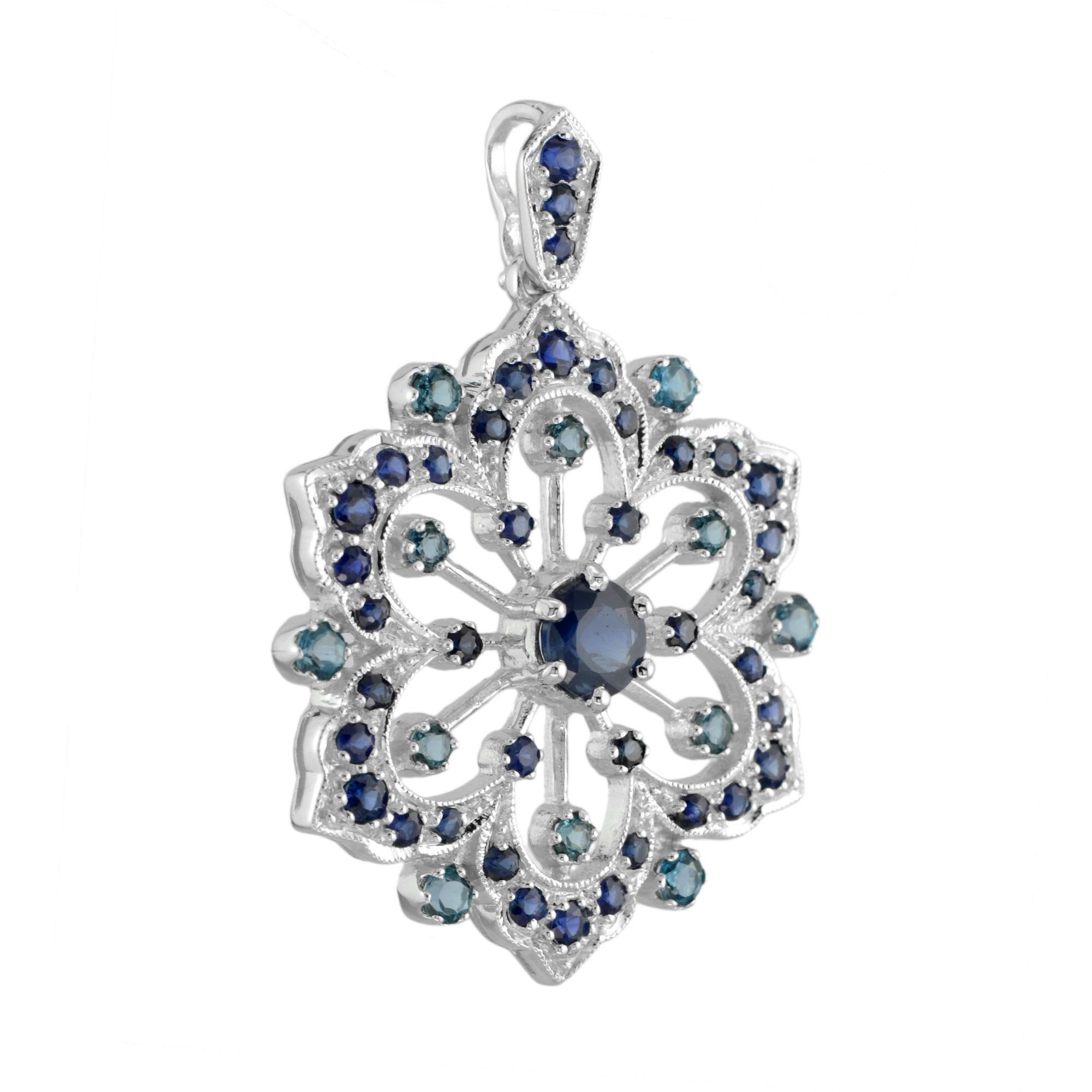 Edwardian Fleur Filigree Sapphire and London Blue Topaz Pendant in 14K White Gold For Sale