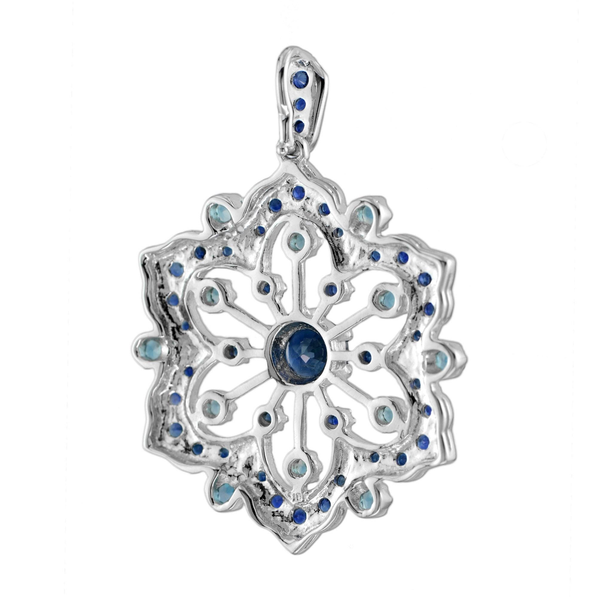 Round Cut Fleur Filigree Sapphire and London Blue Topaz Pendant in 14K White Gold For Sale