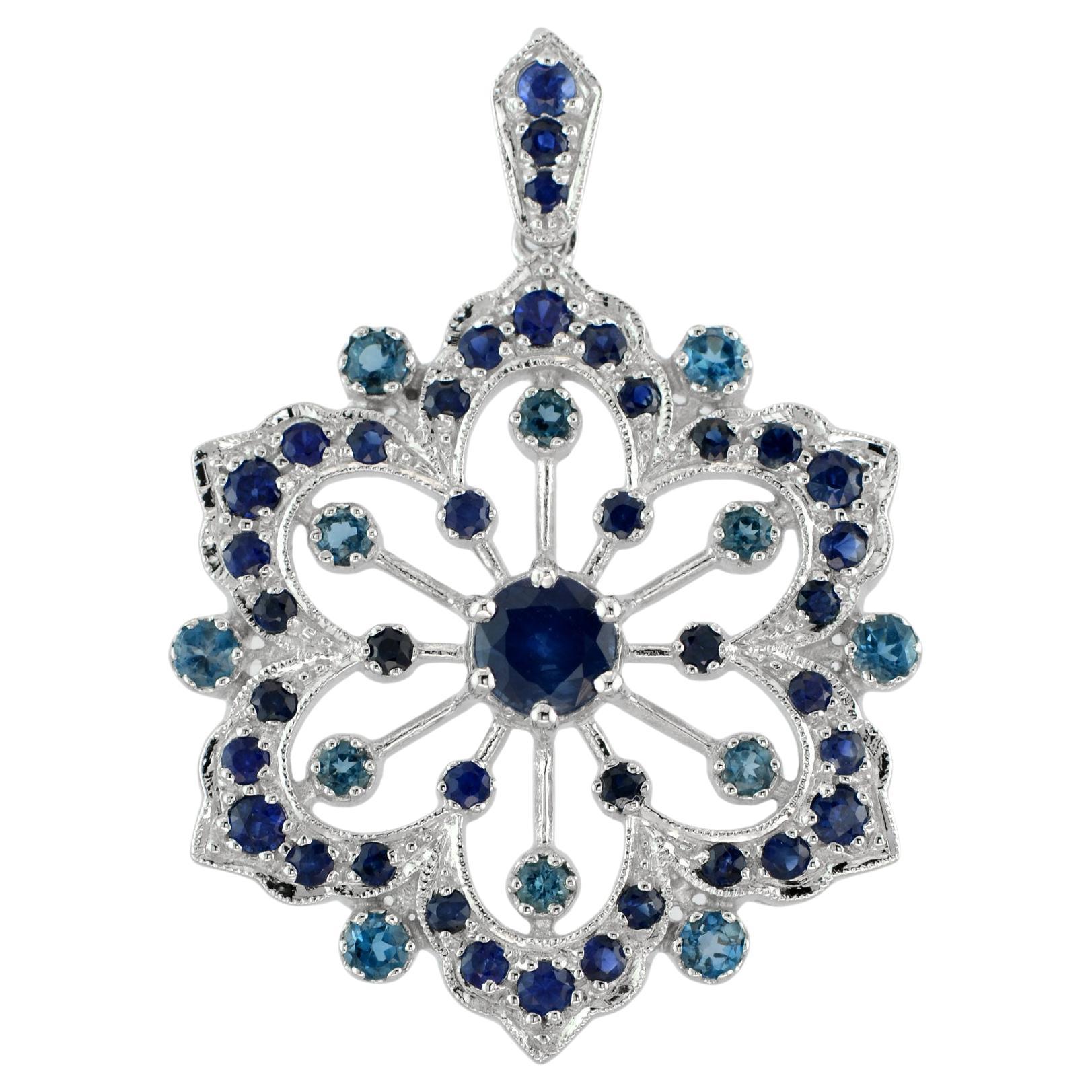 Fleur Filigree Sapphire and London Blue Topaz Pendant in 14K White Gold For Sale