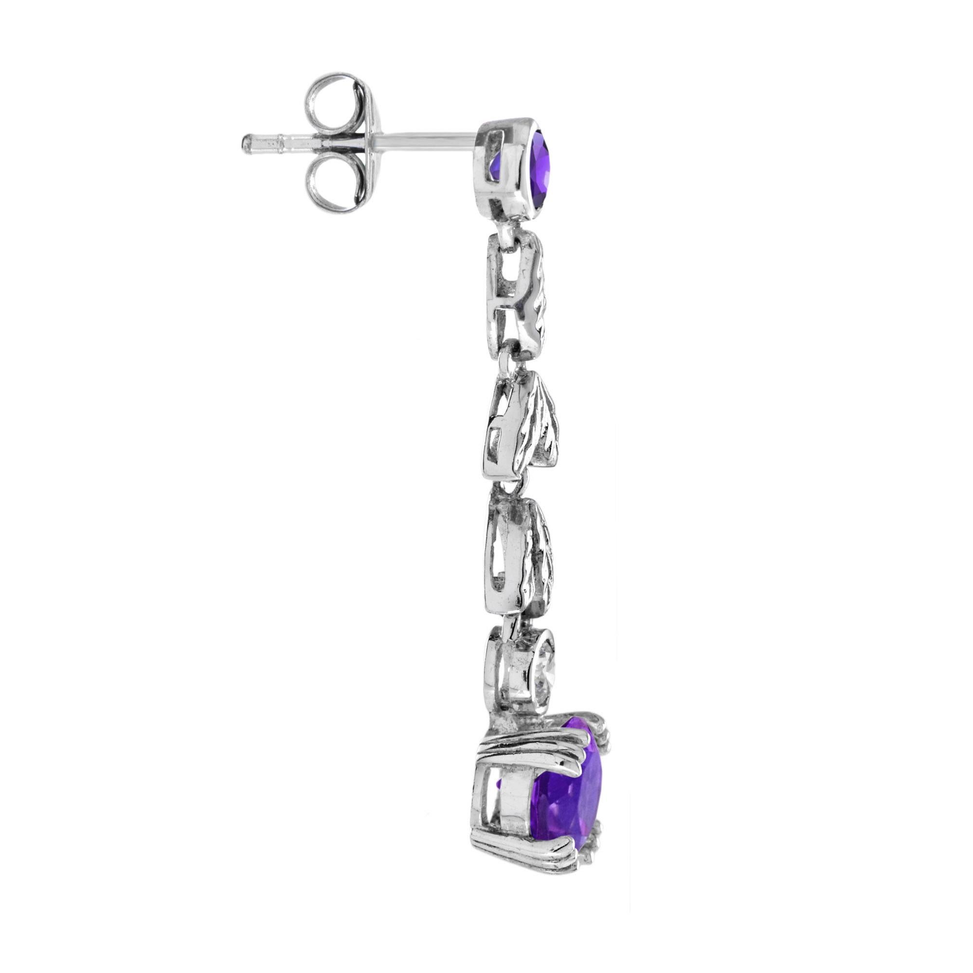 Contemporary Amethyst and Diamond Floral Drop Earrings in 14K White Gold For Sale