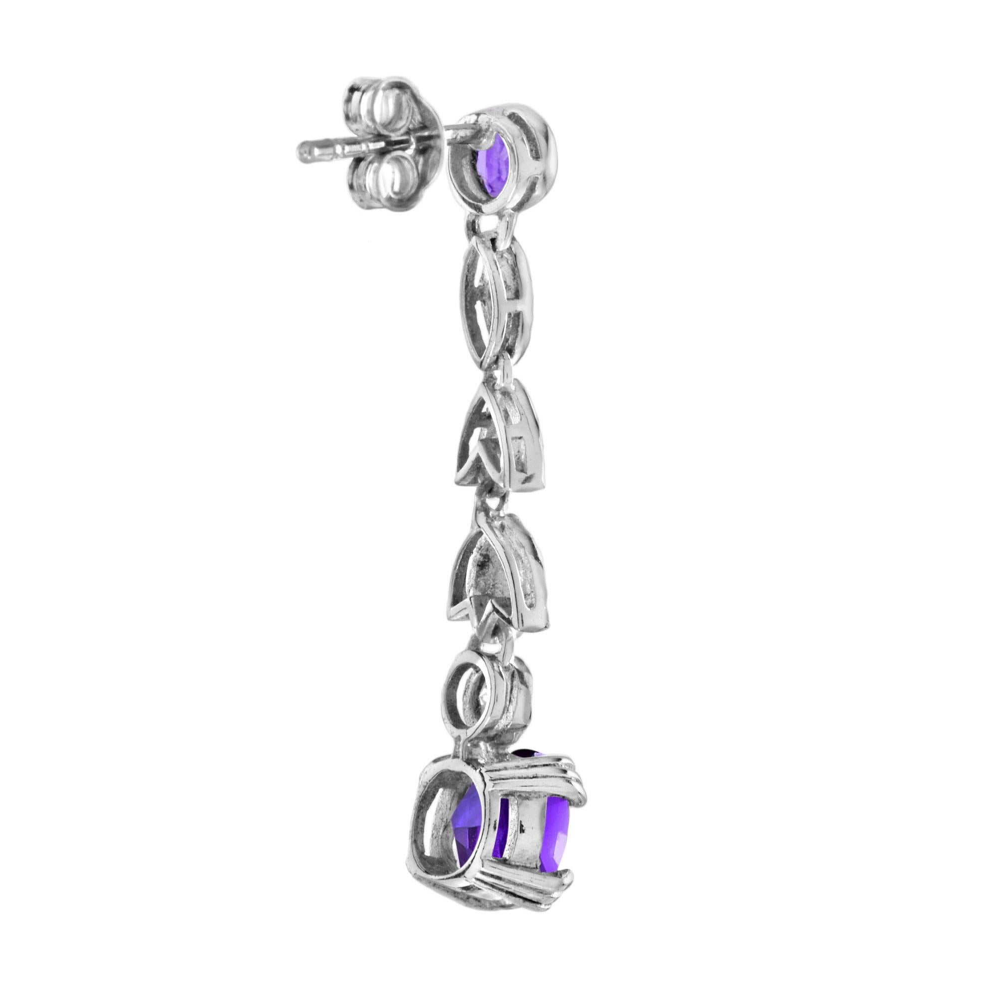 Round Cut Amethyst and Diamond Floral Drop Earrings in 14K White Gold For Sale
