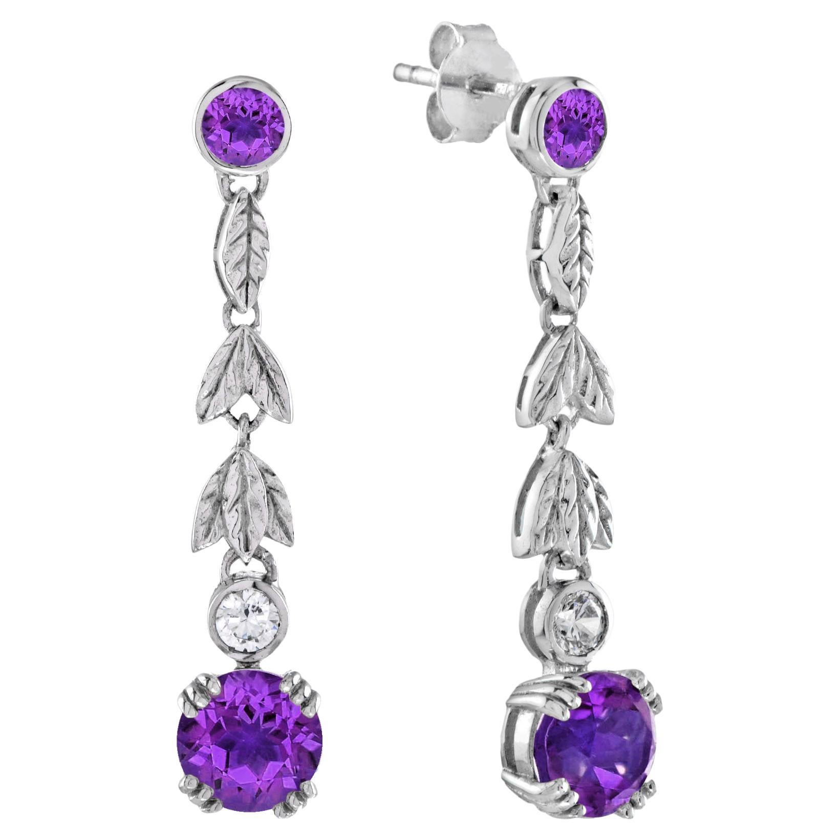 Amethyst and Diamond Floral Drop Earrings in 14K White Gold For Sale