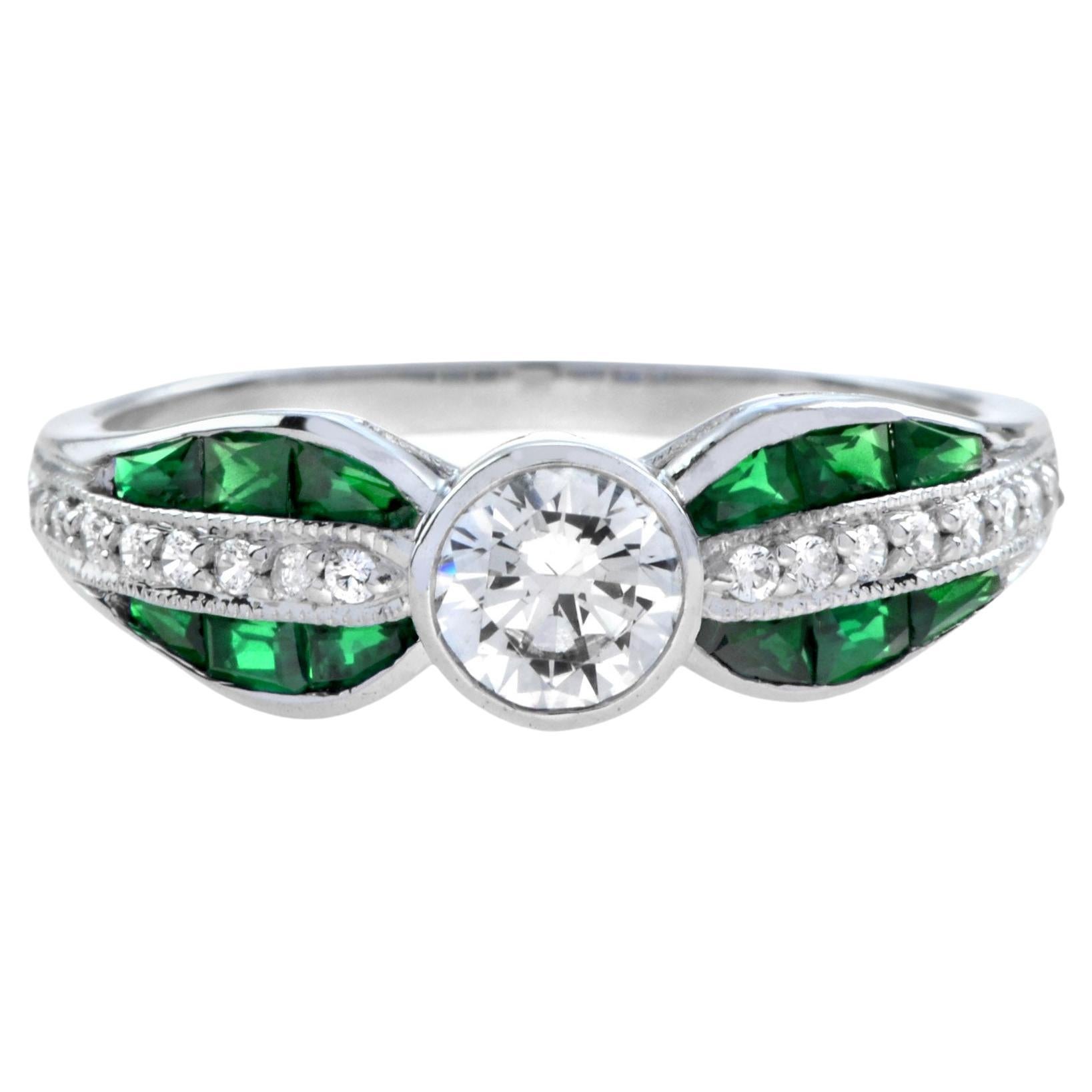 Fleur Leaf Diamond and Emerald Art Deco Style Ring in 18K White Gold