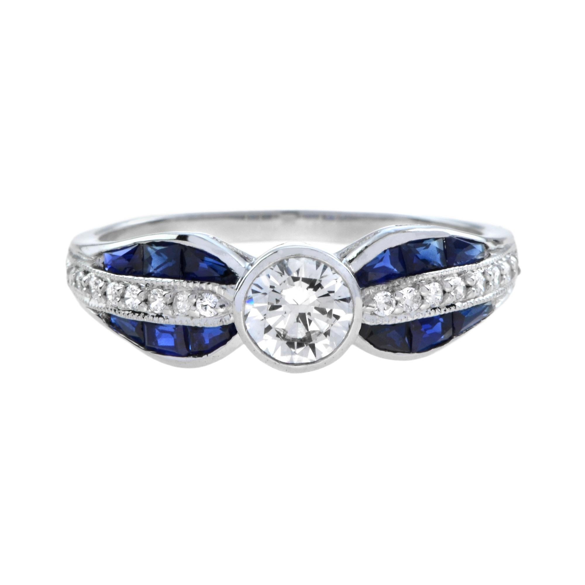 For Sale:  Diamond and Sapphire Art Deco Style Solitaire Ring in 18K White Gold 3