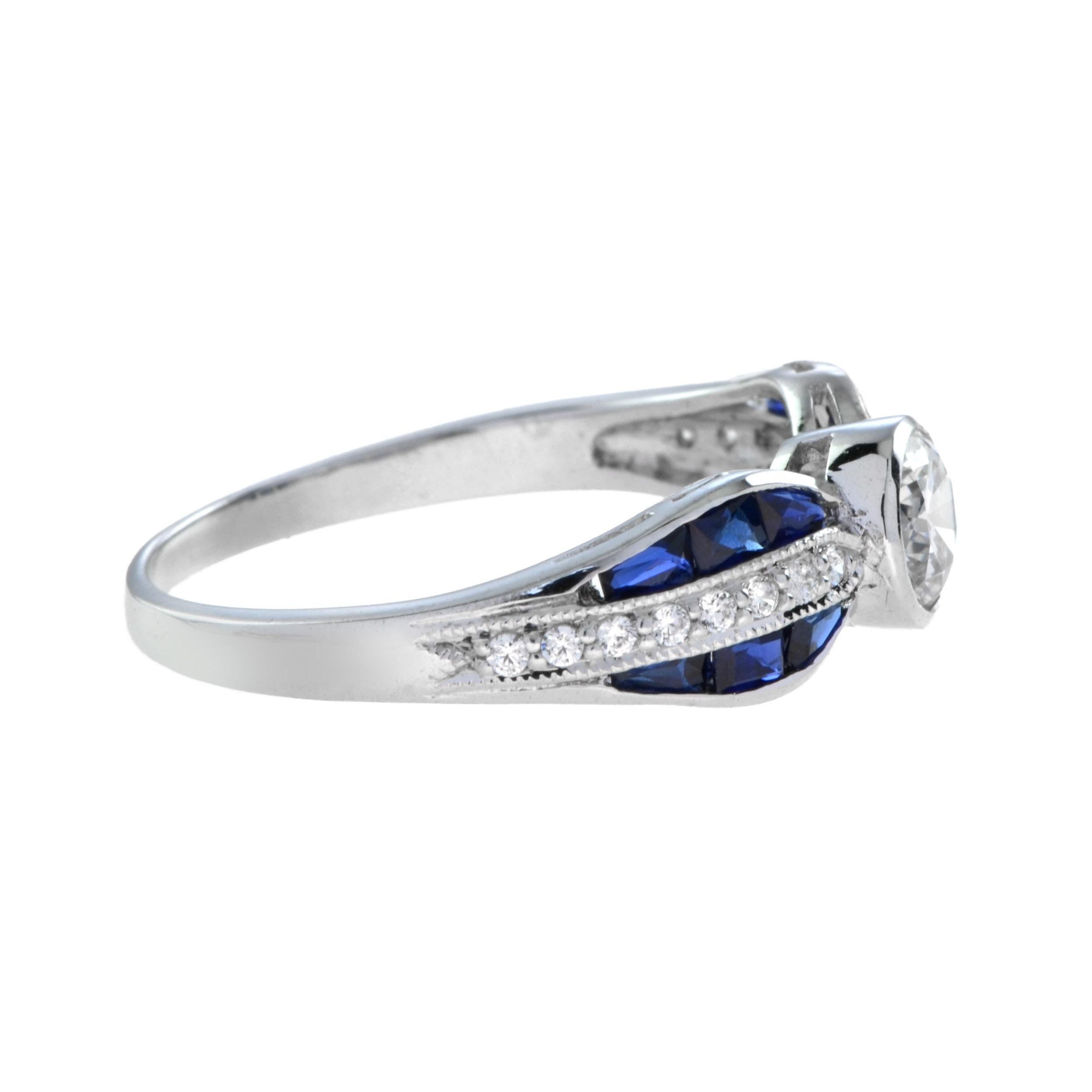 For Sale:  Diamond and Sapphire Art Deco Style Solitaire Ring in 18K White Gold 4