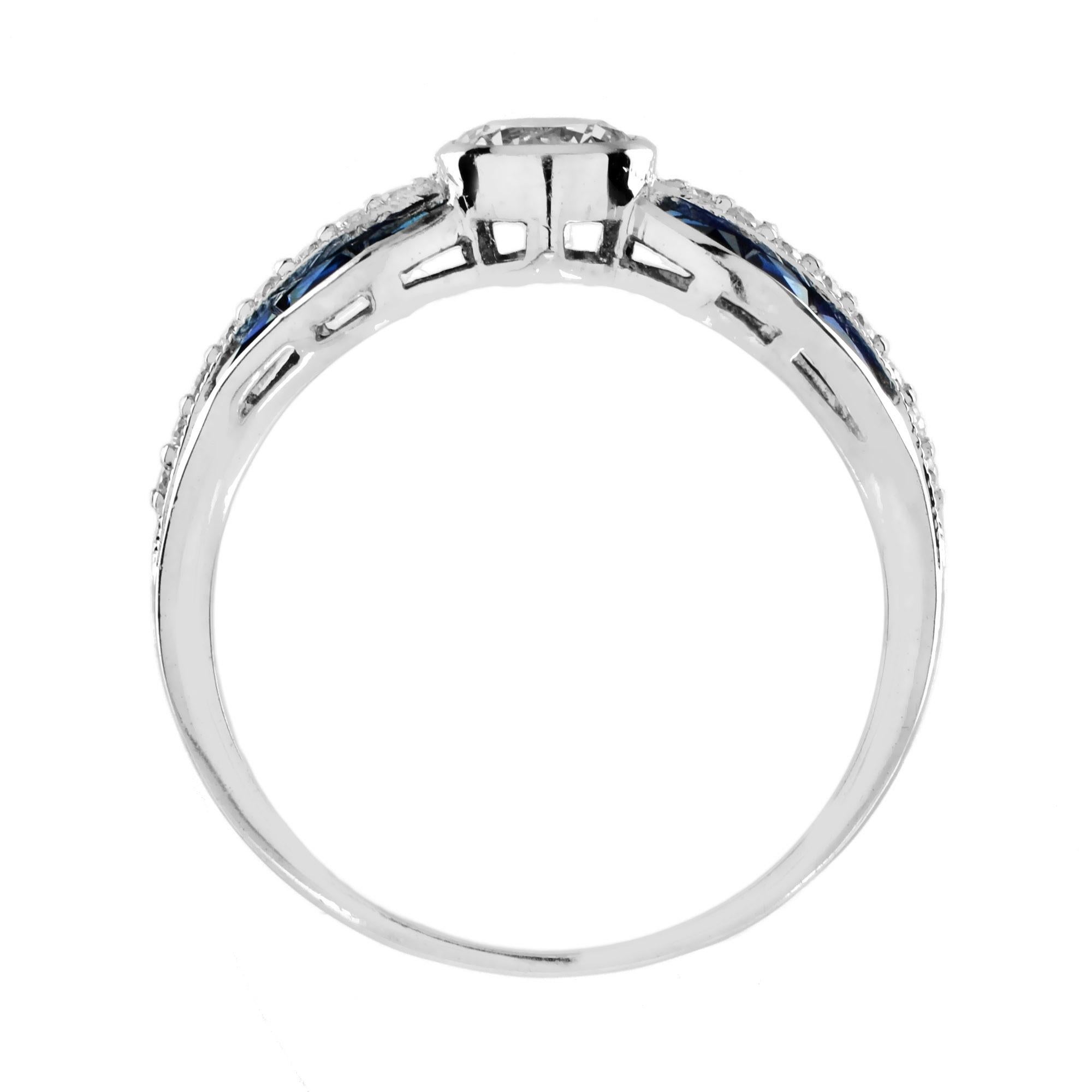 For Sale:  Diamond and Sapphire Art Deco Style Solitaire Ring in 18K White Gold 6