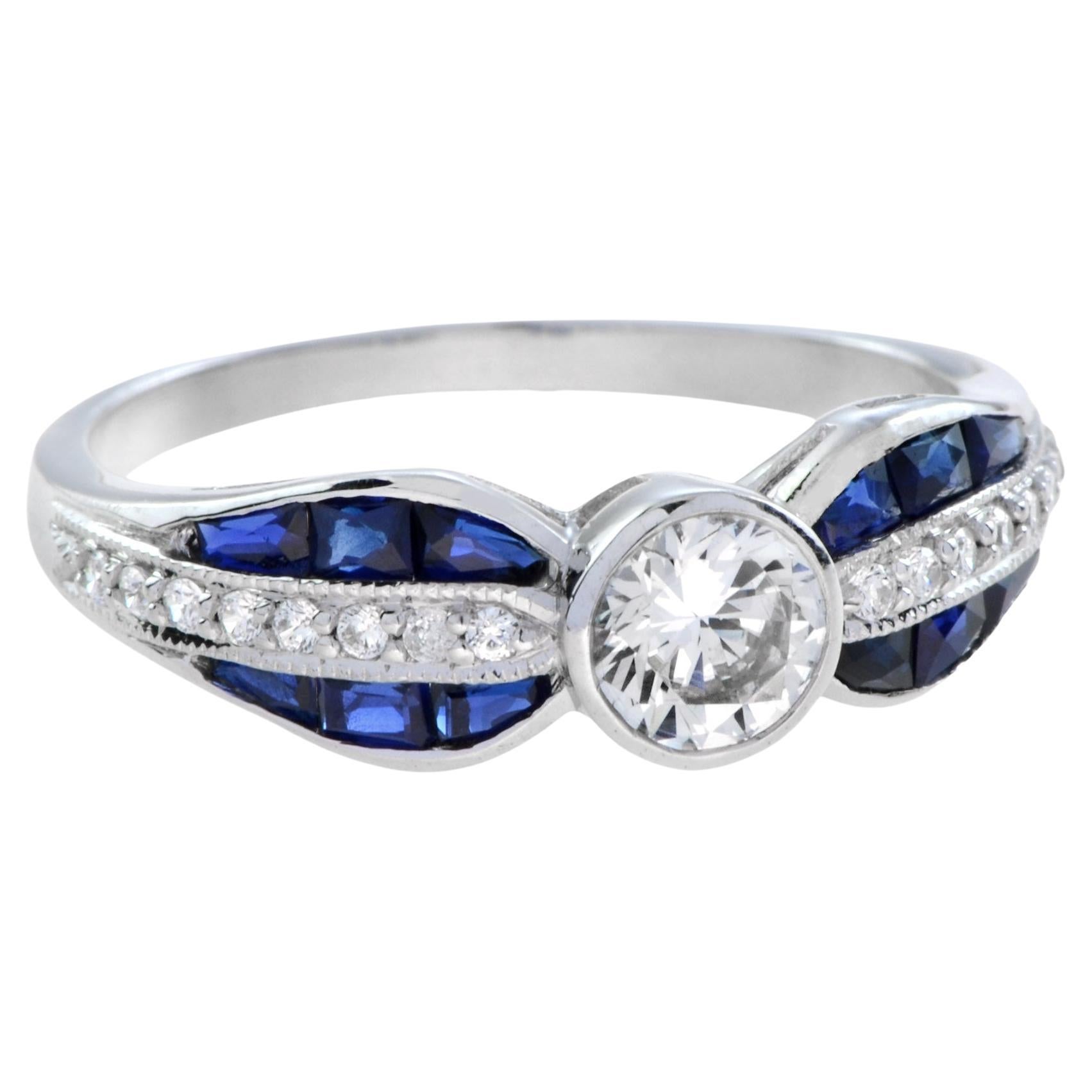 For Sale:  Diamond and Sapphire Art Deco Style Solitaire Ring in 18K White Gold