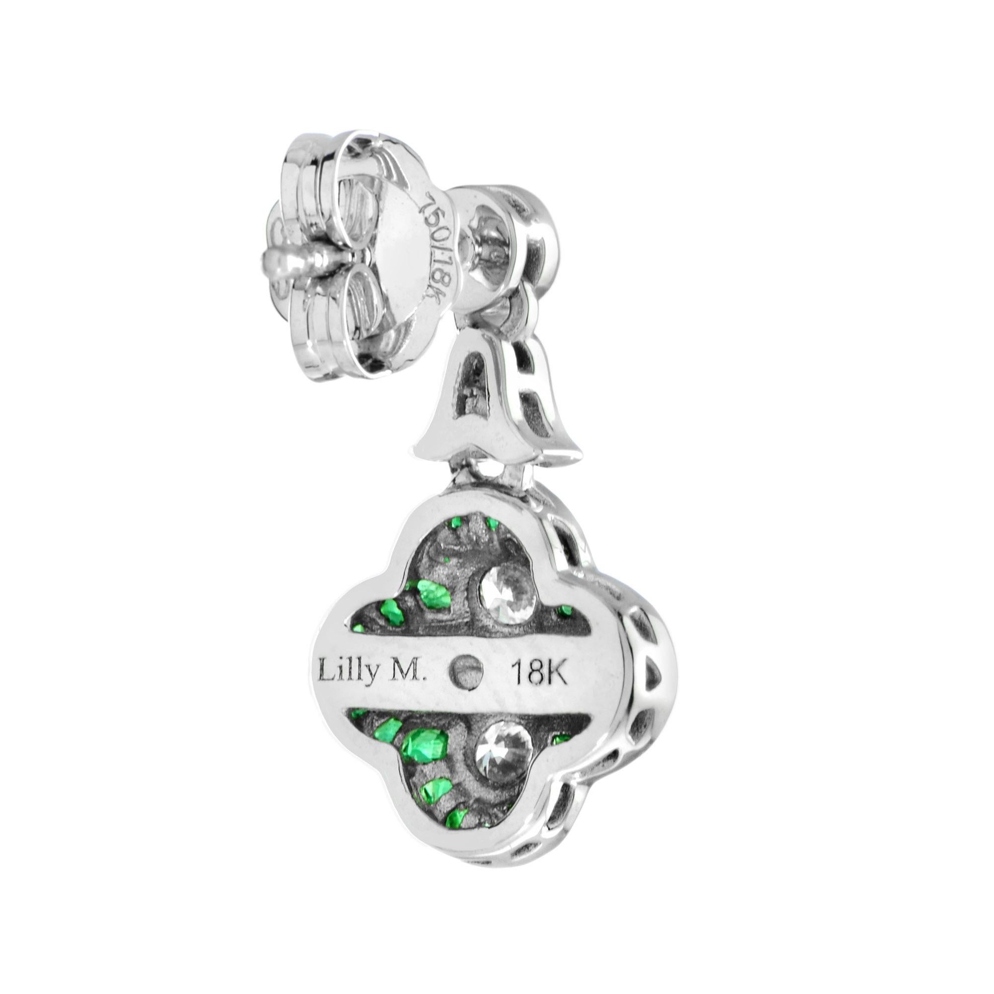 Art Deco Round Diamond and Emerald Clover Cluster Drop Earrings in 18K White Gold For Sale