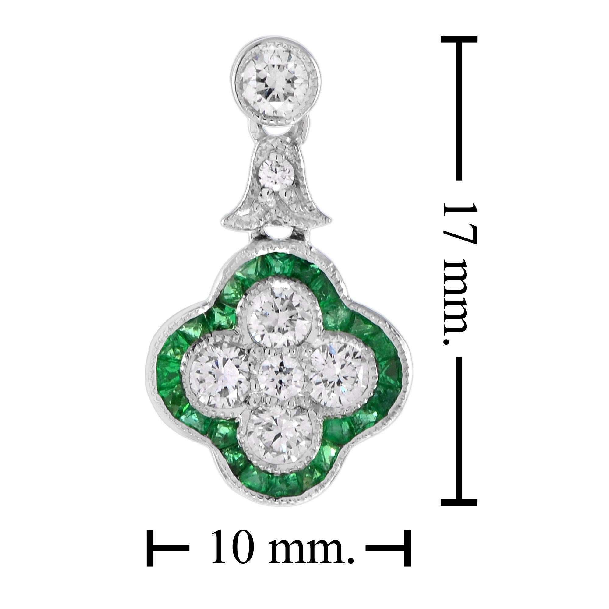 Round Cut Round Diamond and Emerald Clover Cluster Drop Earrings in 18K White Gold For Sale