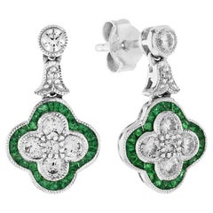 Fleur Mallow Diamond and Emerald Cluster Drop Earrings in 18K White Gold
