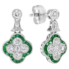 Vintage Round Diamond and Emerald Clover Cluster Drop Earrings in 18K White Gold