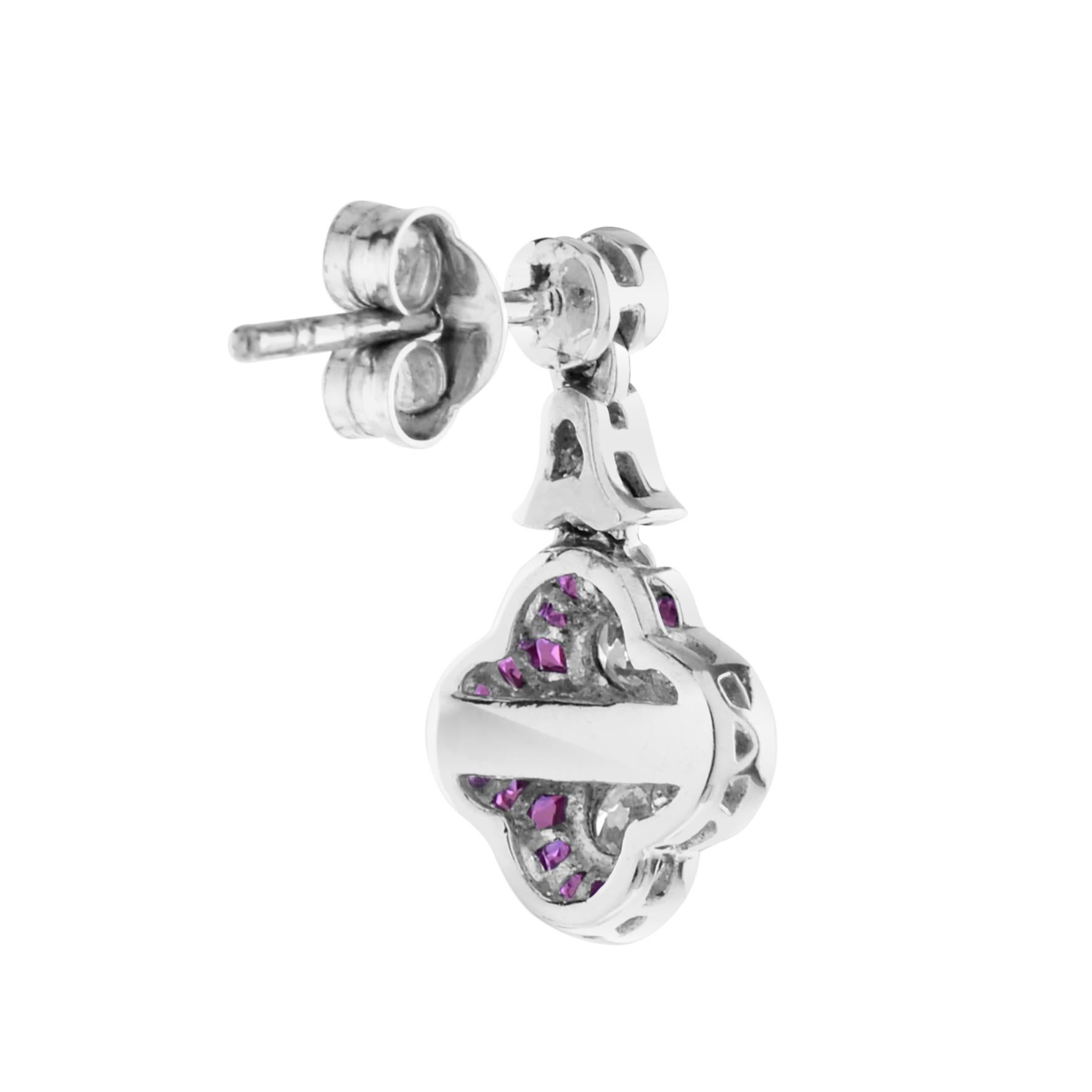 Round Cut Round Diamond and Ruby Clover Cluster Drop Earrings in 18K White Gold For Sale