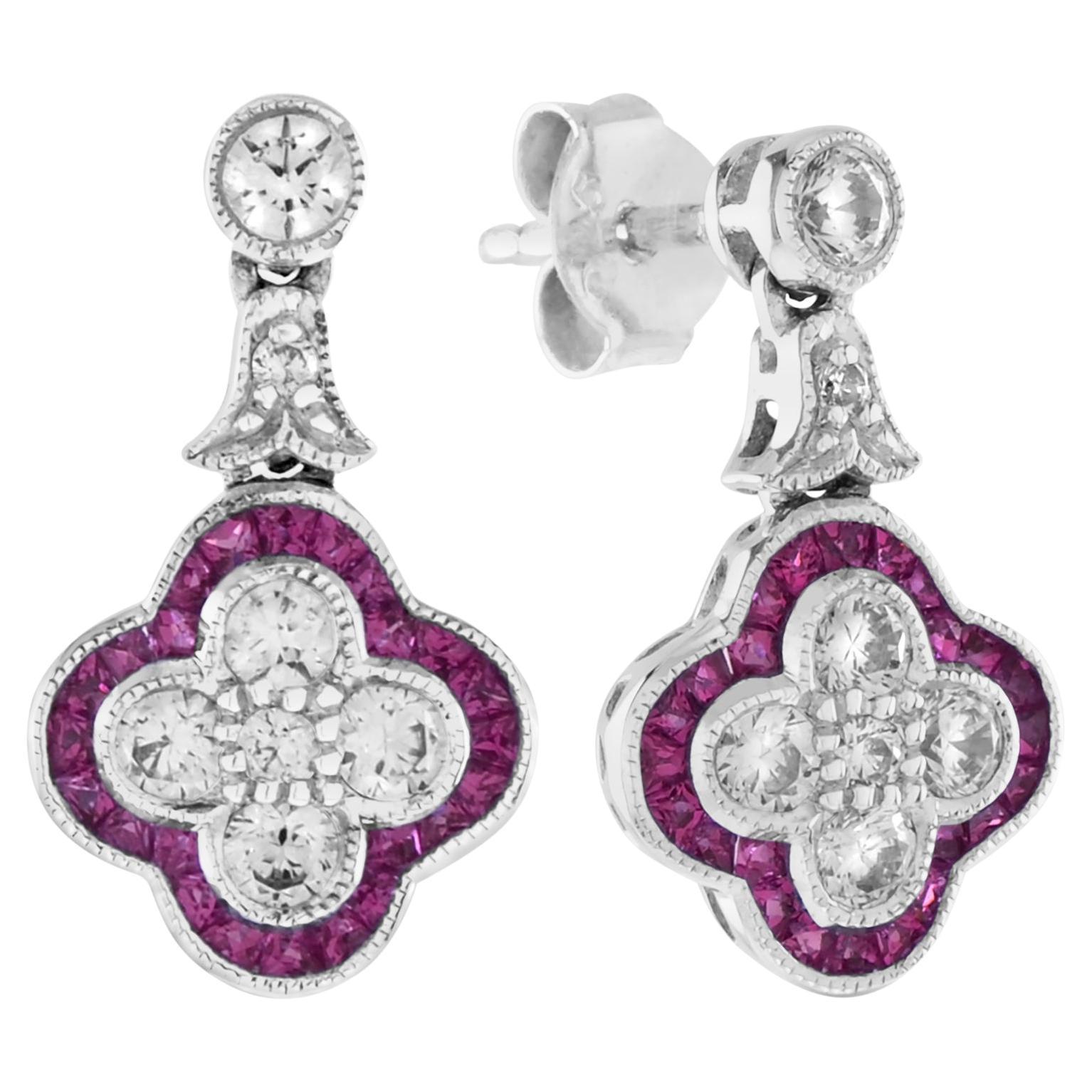 Round Diamond and Ruby Clover Cluster Drop Earrings in 18K White Gold For Sale