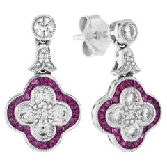 Round Diamond and Ruby Clover Cluster Drop Earrings in 18K White Gold