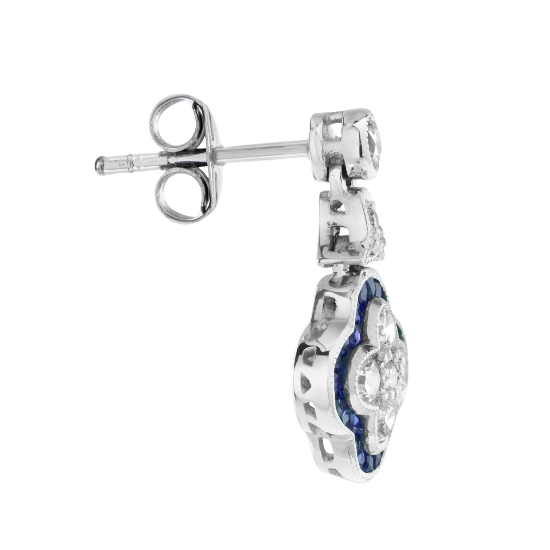 Art Deco Round Diamond and Sapphire Clover Cluster Drop Earrings in 18K White Gold For Sale
